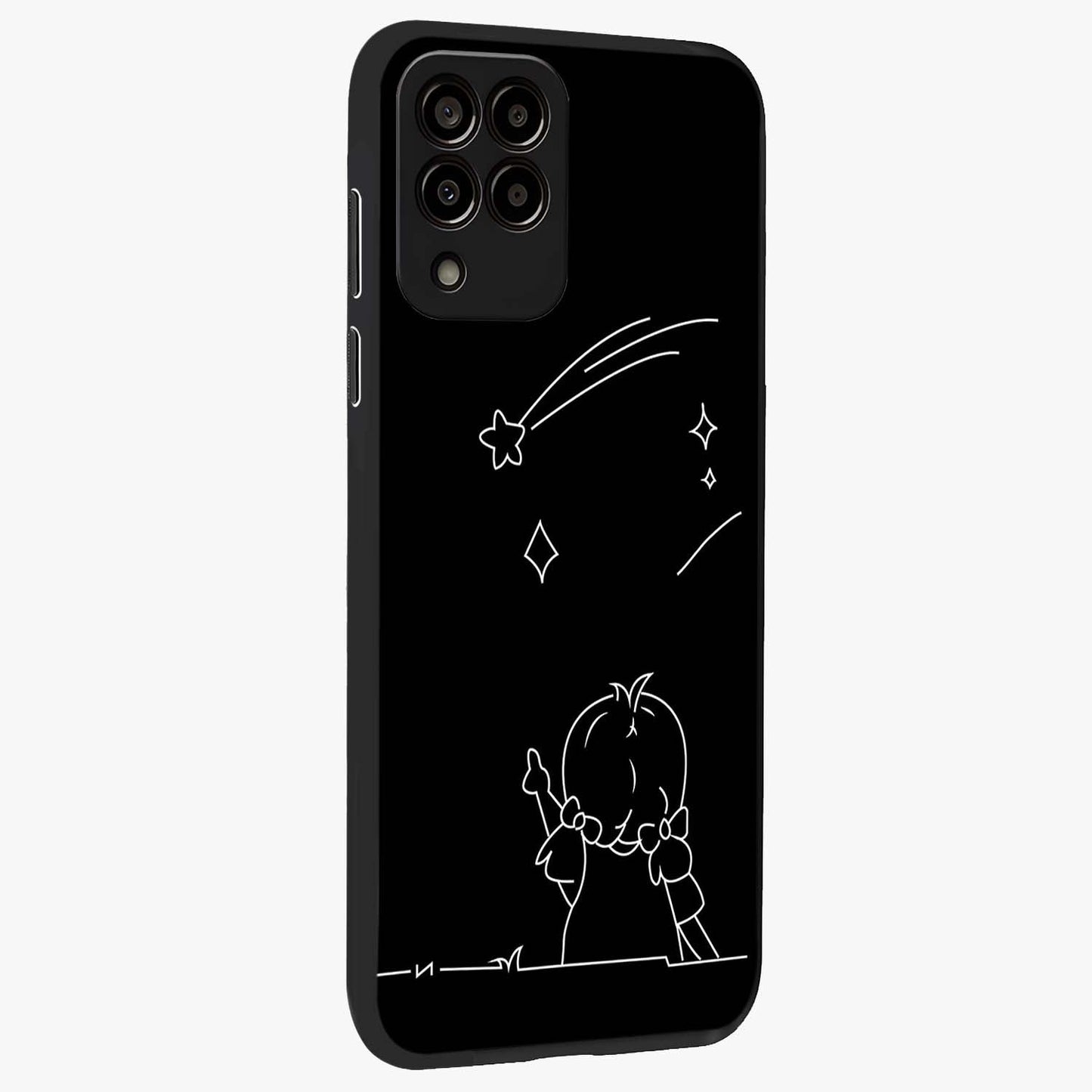 Line Art Girl With Shooting Stars Glass Case upright view showcasing delicate shooting stars artwork with minimal artistic theme.
