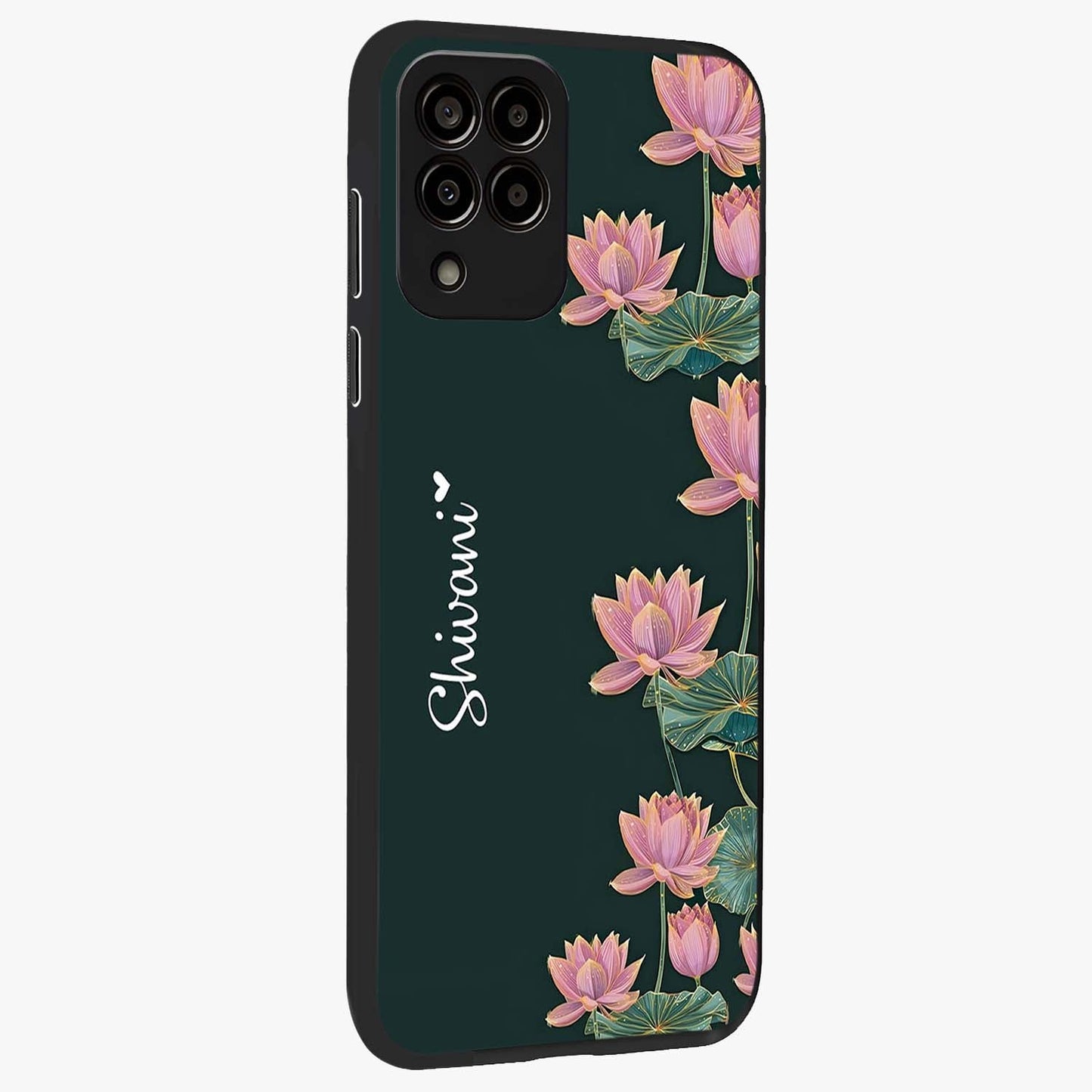 Lotus Bloom Serenity Custom Name Glass Case upright view showcasing serene lotus bloom artwork with personalized floral aesthetic.