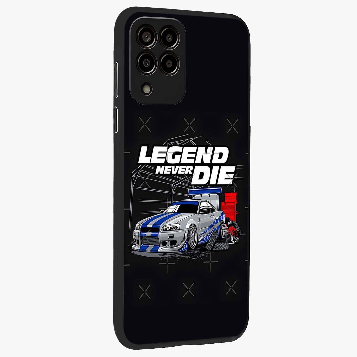 Midnight Racing Legacy Glass Case upright view showcasing powerful racing artwork with modern sports theme.
