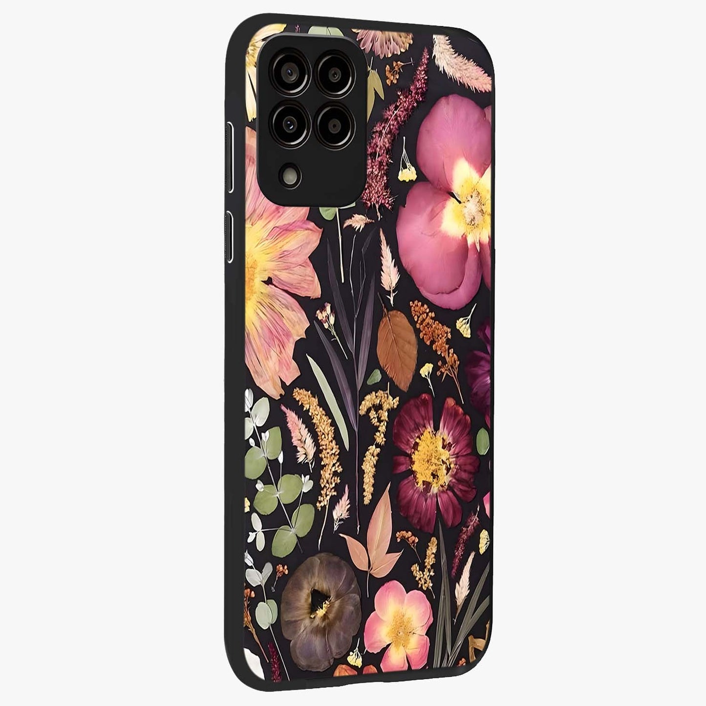 Petal Dream Tapestry Glass Case upright view showcasing detailed floral tapestry artwork with artistic nature theme.