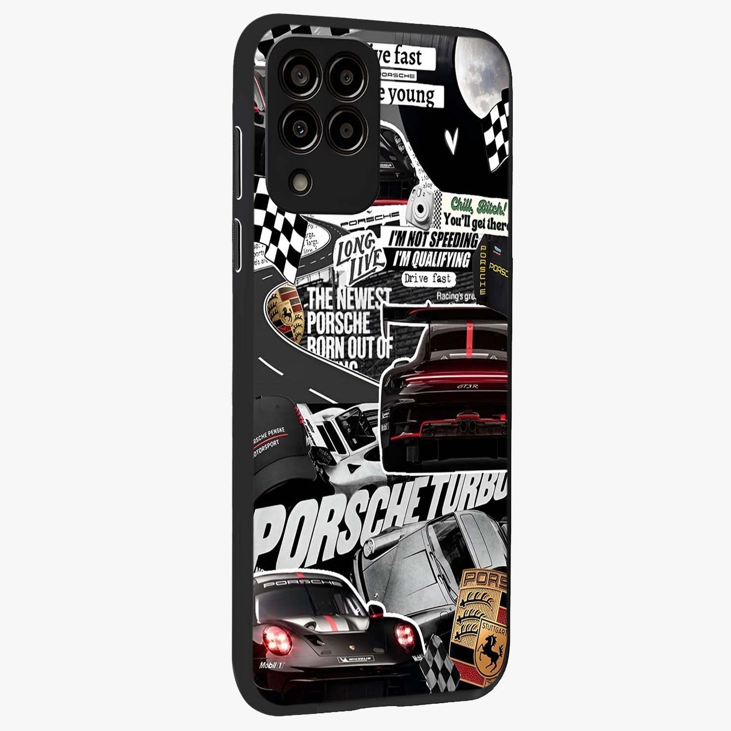 Porsche Racing Collage Glass Case upright view showcasing energetic car collage artwork with high speed racing theme.