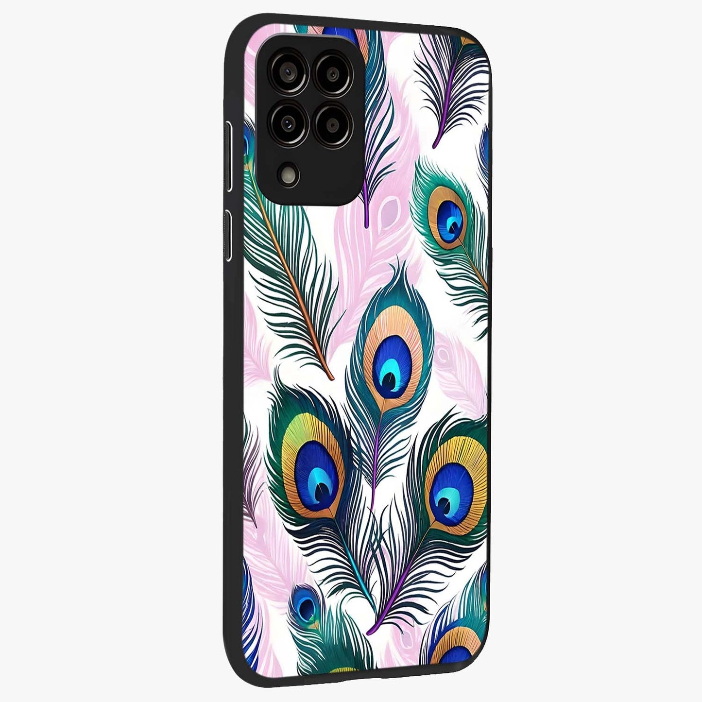 Royal Peacock Feathers Glass Case upright view showcasing elegant peacock feather artwork with decorative royal theme.