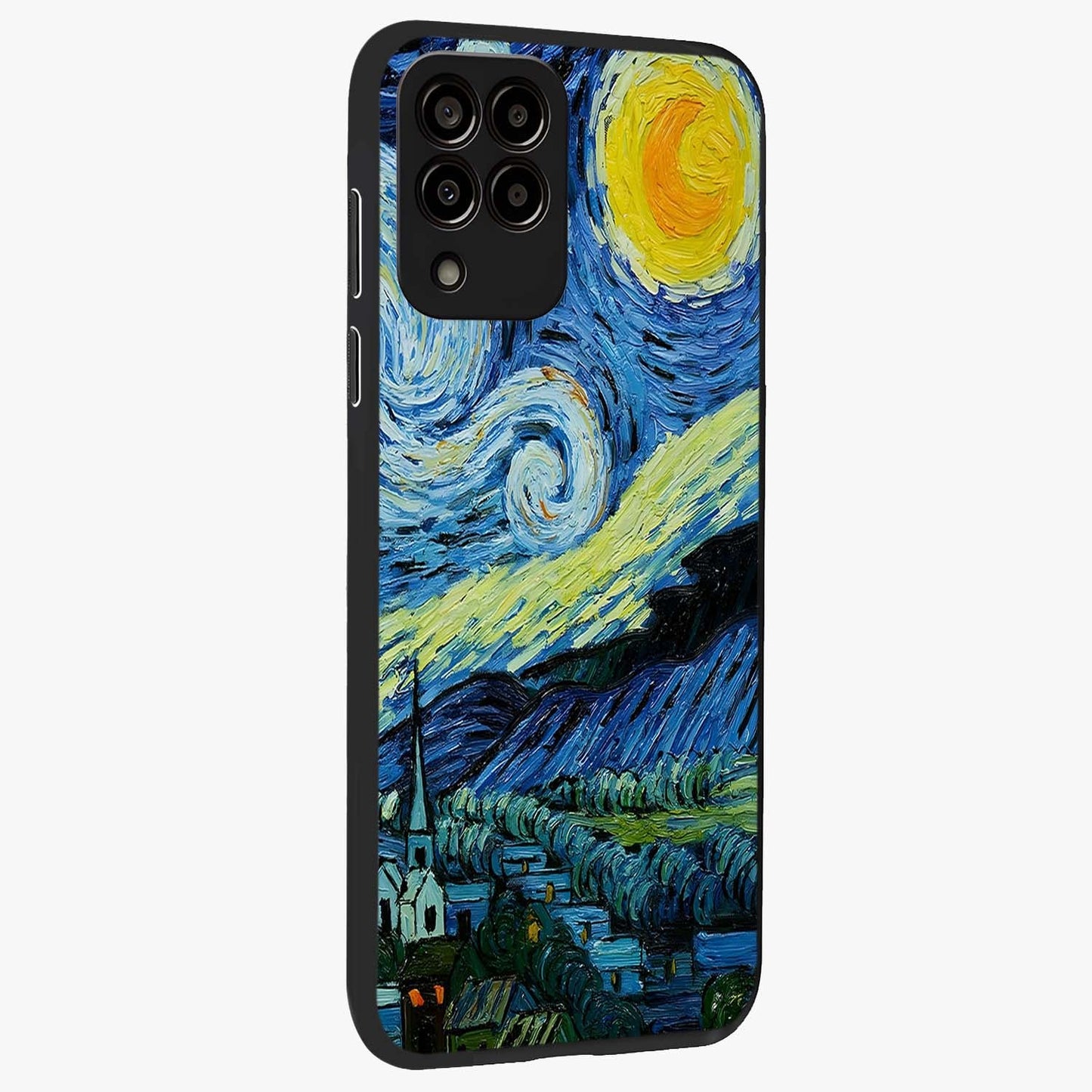 Van Gogh Art Glass Case upright view showcasing expressive painting style artwork with timeless artistic theme.