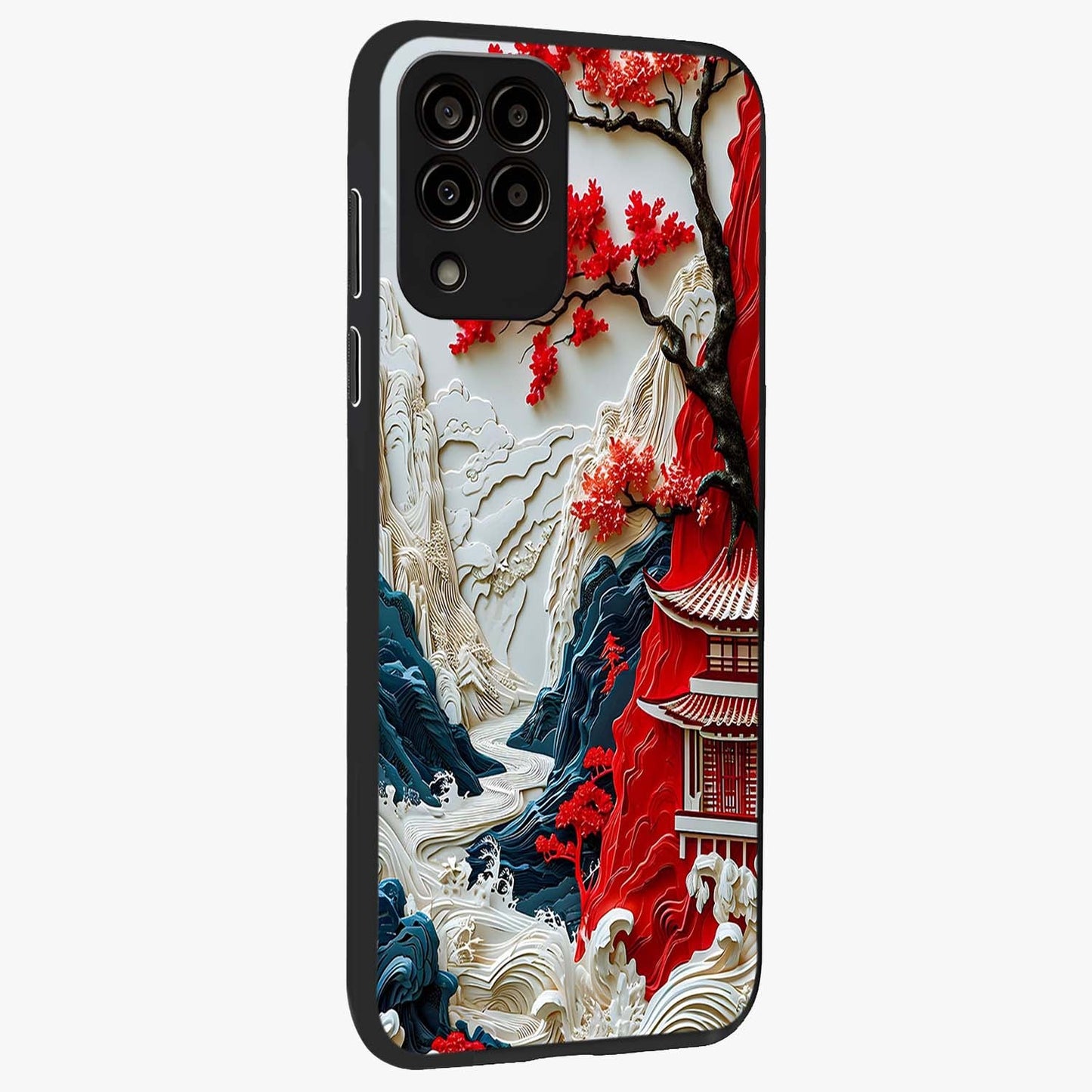Whispers Of Sakura Waves Glass Case upright view showcasing delicate cherry blossom artwork with elegant nature theme.