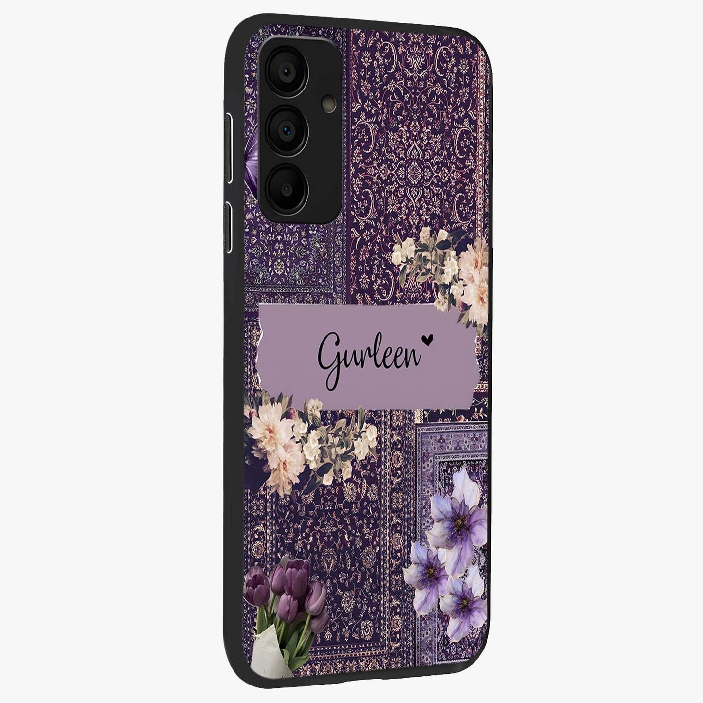 Antique Floral Whisper Custom Name Glass Case upright view showcasing delicate floral artwork with custom name feature.