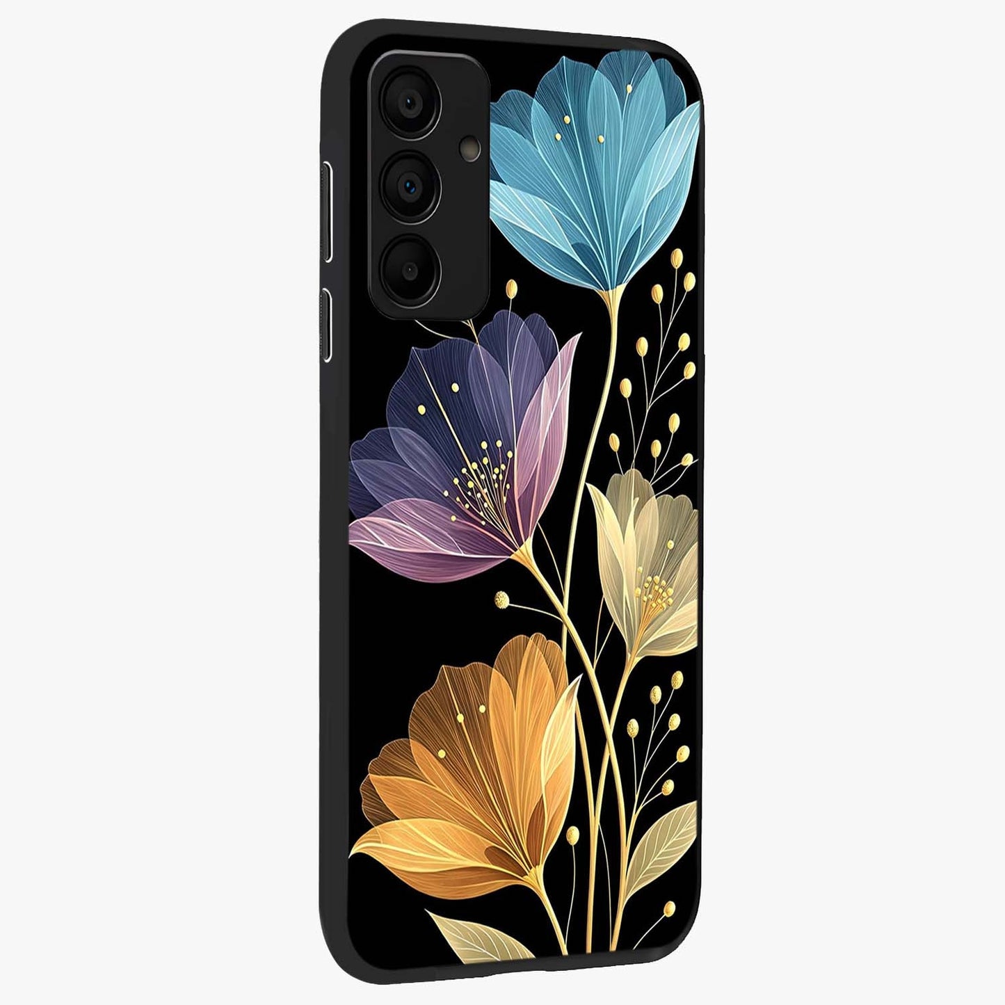 Delicate Multicolor Flowers Glass Case upright view showcasing delicate floral artwork with bright botanical theme.
