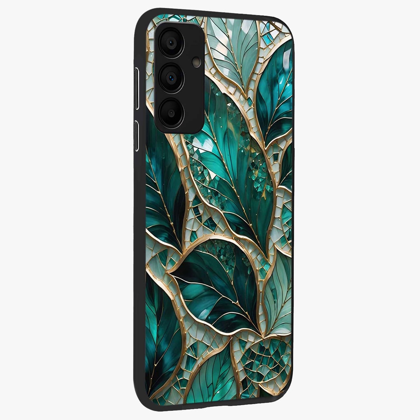 Emerald Leaf Glass Glass Case upright view showcasing fresh green leaf artwork with calming nature inspired style.