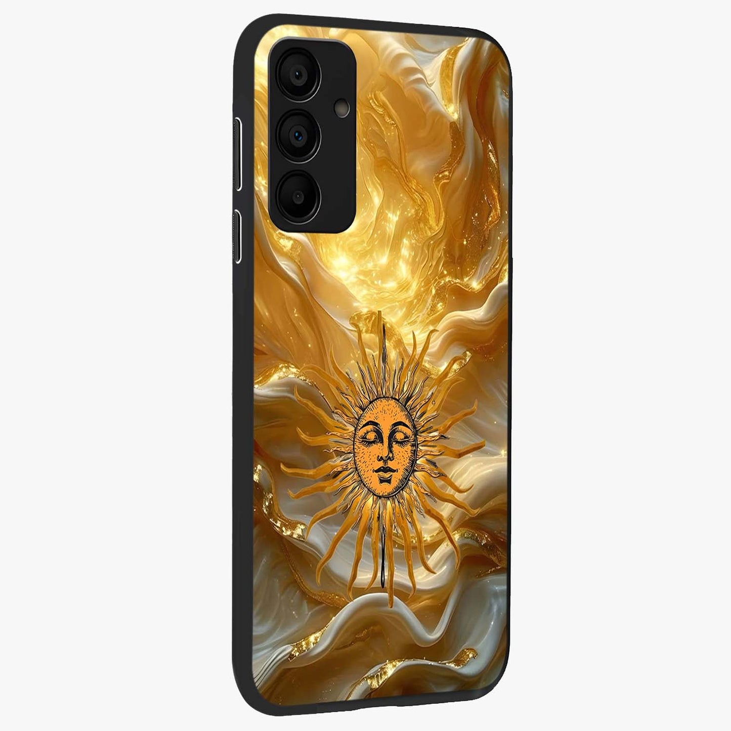Eternal Golden Glow Glass Case upright view showcasing luminous golden artwork with luxurious visual theme.