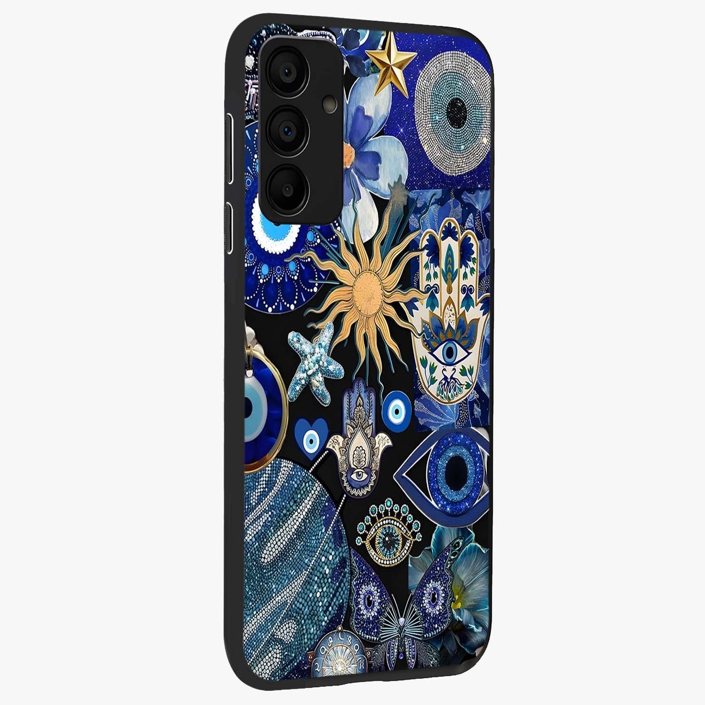 Evil Eye Charm Mix Glass Case upright view showcasing mystical evil eye pattern with vibrant decorative style.