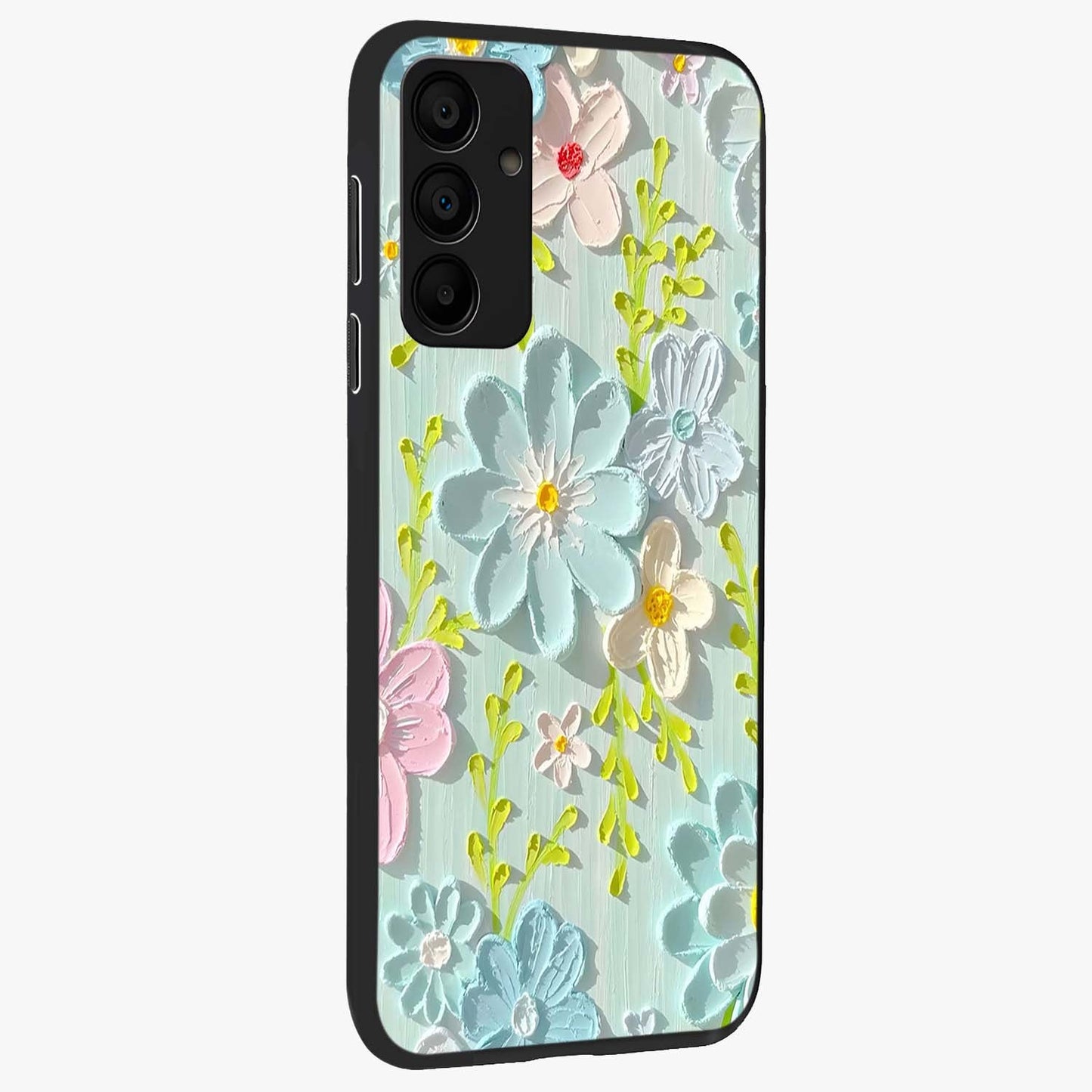 Frosted Petal Garden Glass Case upright view showcasing elegant floral garden artwork with soothing pastel theme.