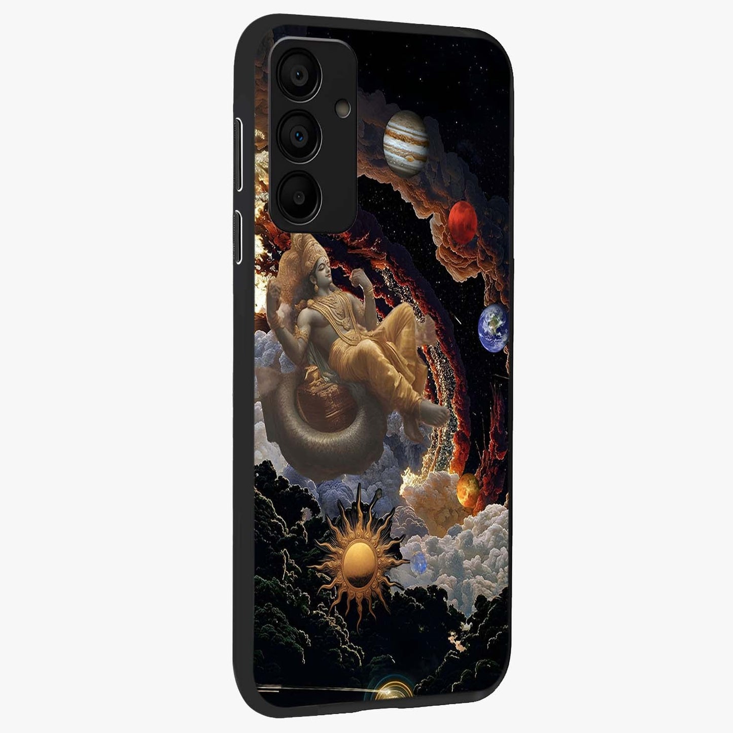 Galactic Divine God Glass Case upright view showcasing mystical divine artwork with dramatic cosmic theme.