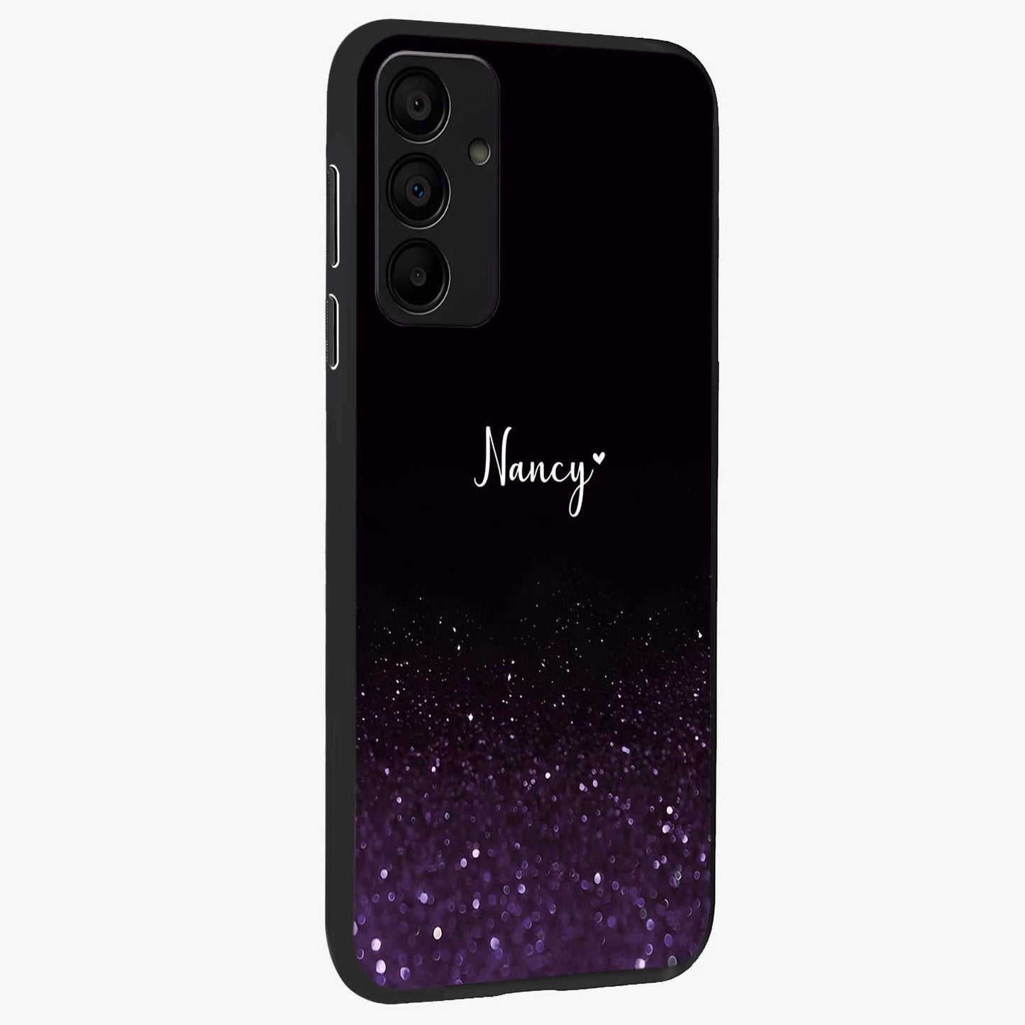 Glittery Purple Bokeh Custom Name Glass Case upright view showcasing vibrant purple sparkle artwork with personalized aesthetic style.