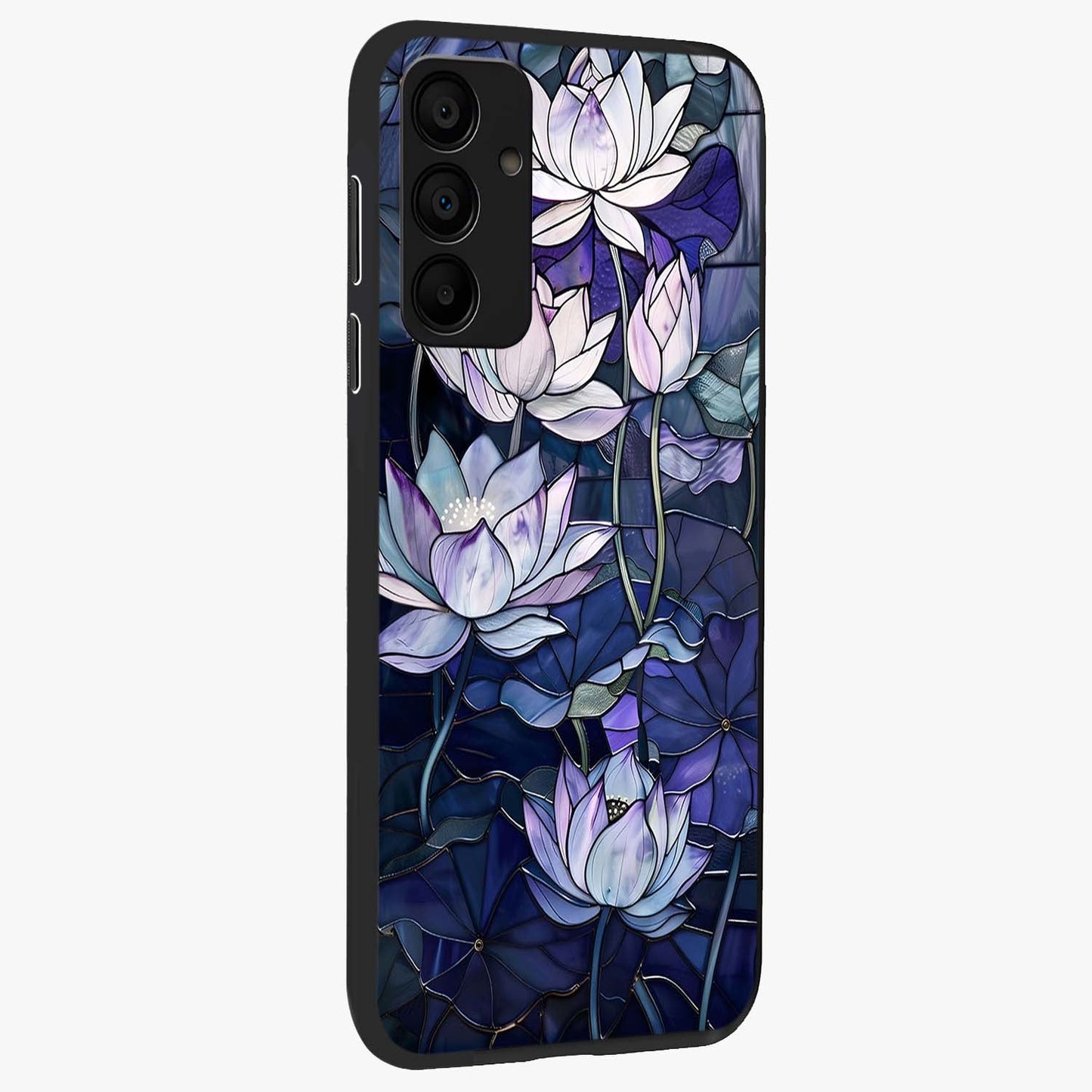 Gloss Petal Rush Glass Case upright view showcasing dynamic floral petal artwork with modern botanical theme.