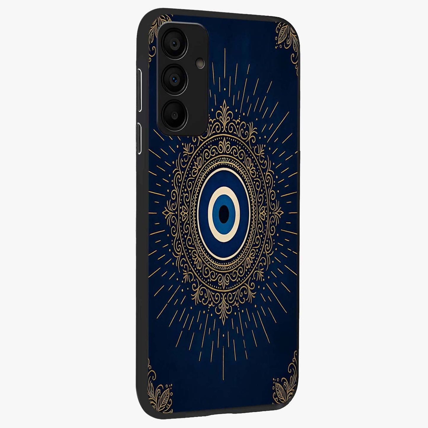 Golden Celestial Charm Glass Case upright view showcasing radiant celestial artwork with elegant golden theme.