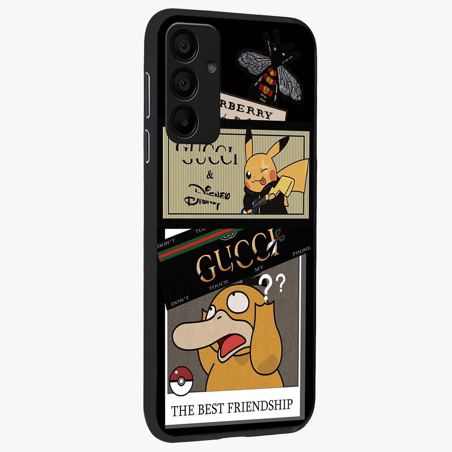 Gucci Play Mashup Glass Case upright view showcasing trendy luxury inspired artwork with modern fashion theme.
