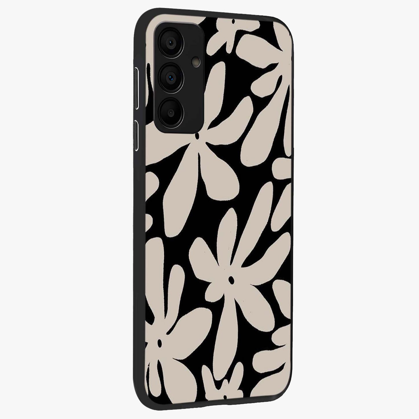 Monochrome Petal Dance Glass Case upright view showcasing artistic floral pattern with stylish monochrome theme.