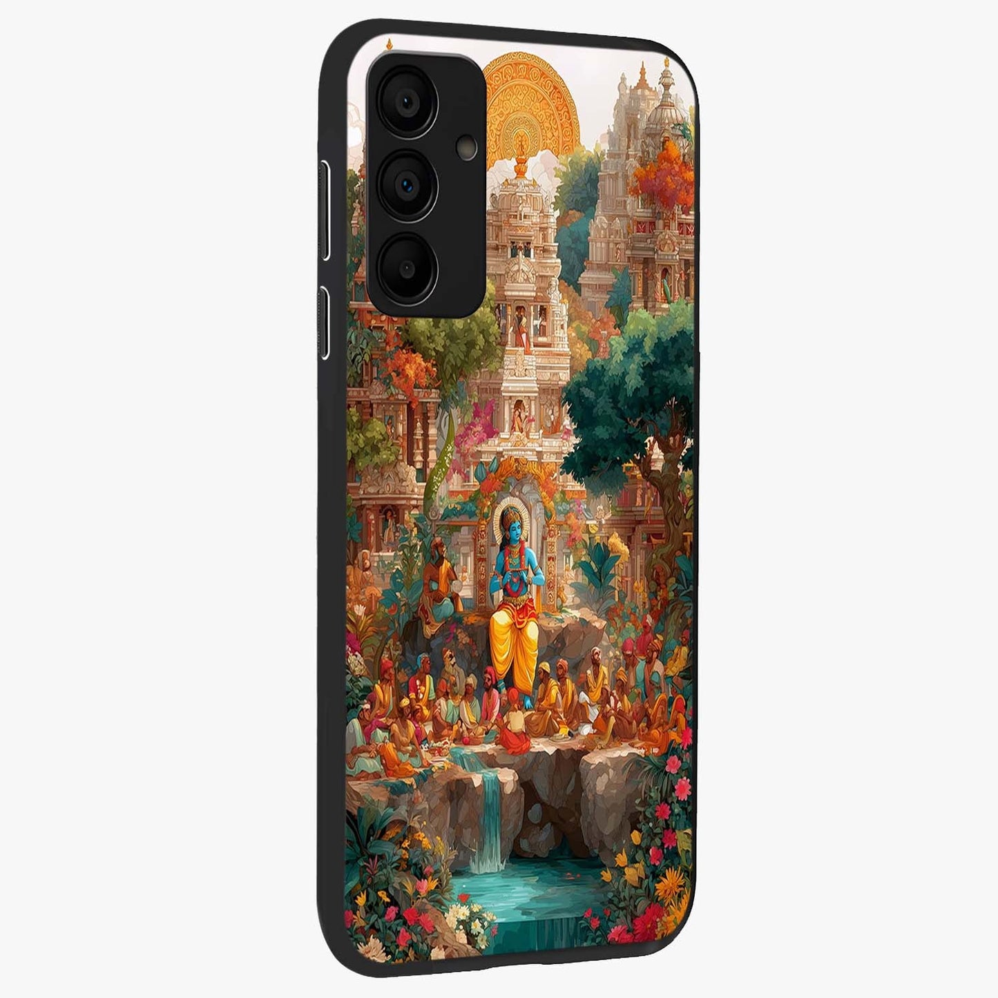 Sacred Sunlight Gods Glass Case upright view showcasing glowing divine artwork with sacred mythological theme.