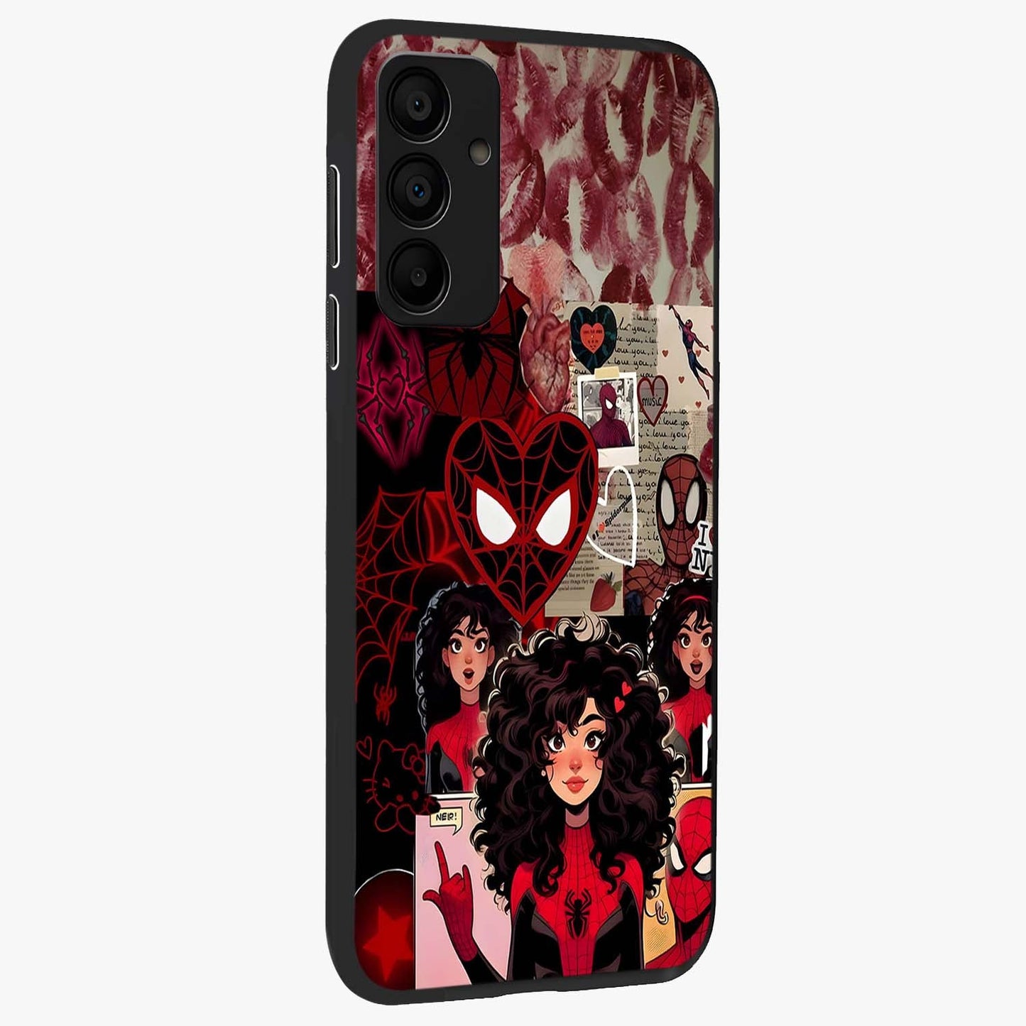 Spider Love Story Glass Case upright view showcasing charming superhero artwork with romantic comic theme.