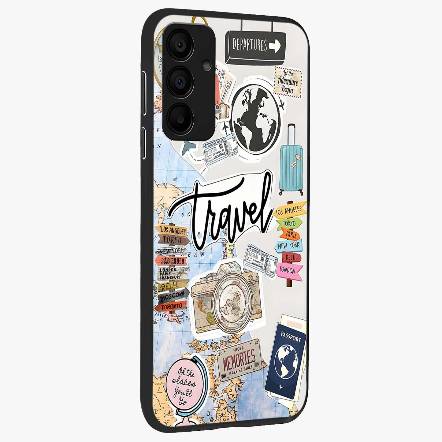 Wanderlust Journal Glass Case upright view showcasing wanderlust inspired artwork with creative exploration theme.