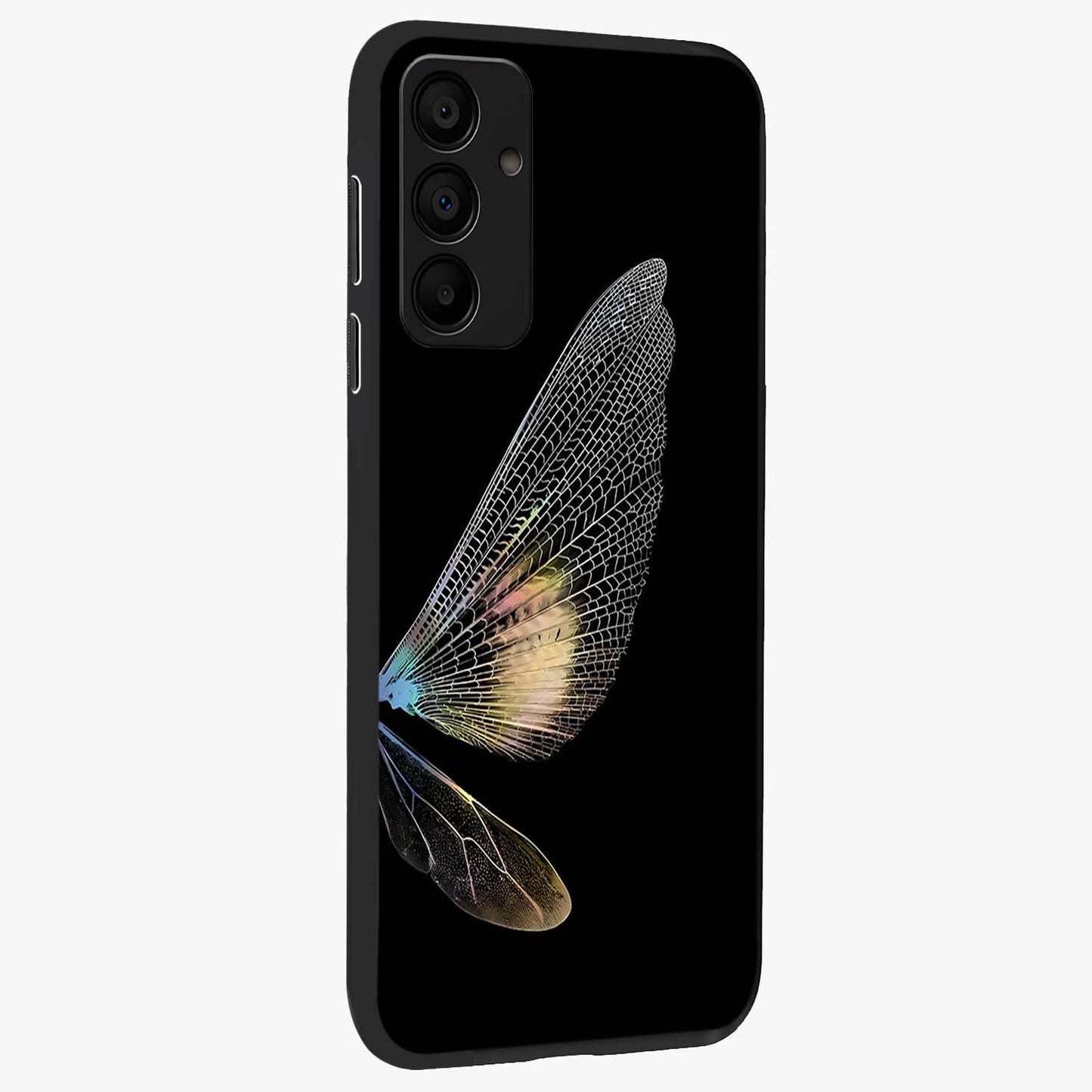 Whispers Of Wings Glass Case upright view showcasing elegant wing artwork with light airy theme.