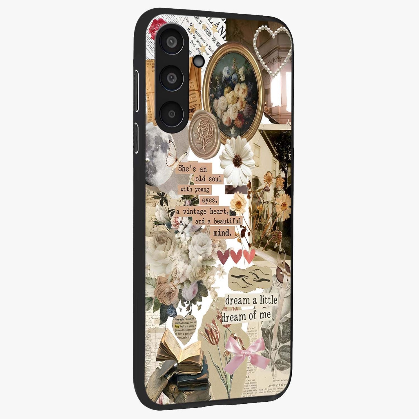 Aesthetic Brown Vintage Collage Glass Case upright view showcasing nostalgic retro artwork with stylish vintage theme.