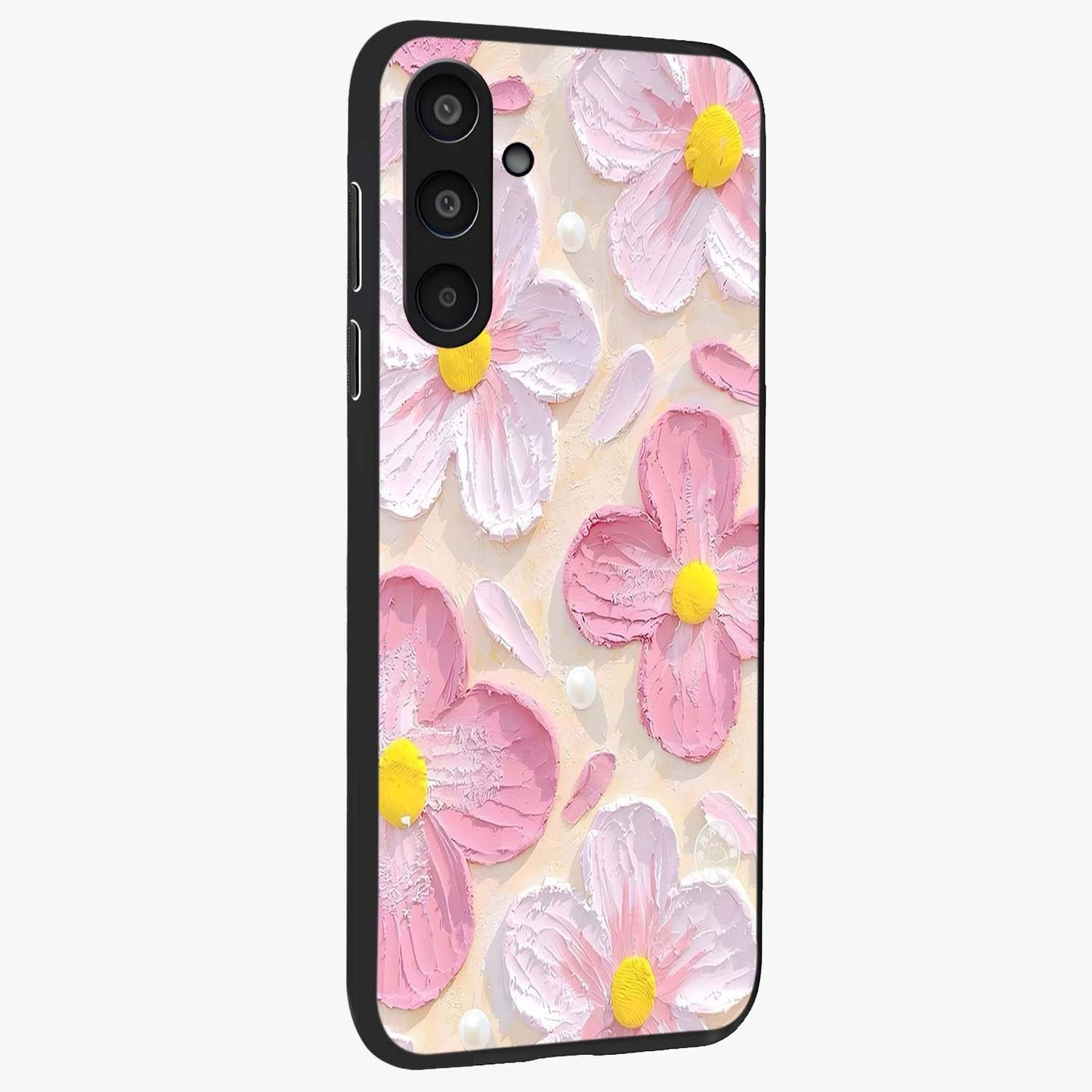 Blush Bloom Texture Glass Case upright view showcasing delicate blush floral texture with modern minimal style.