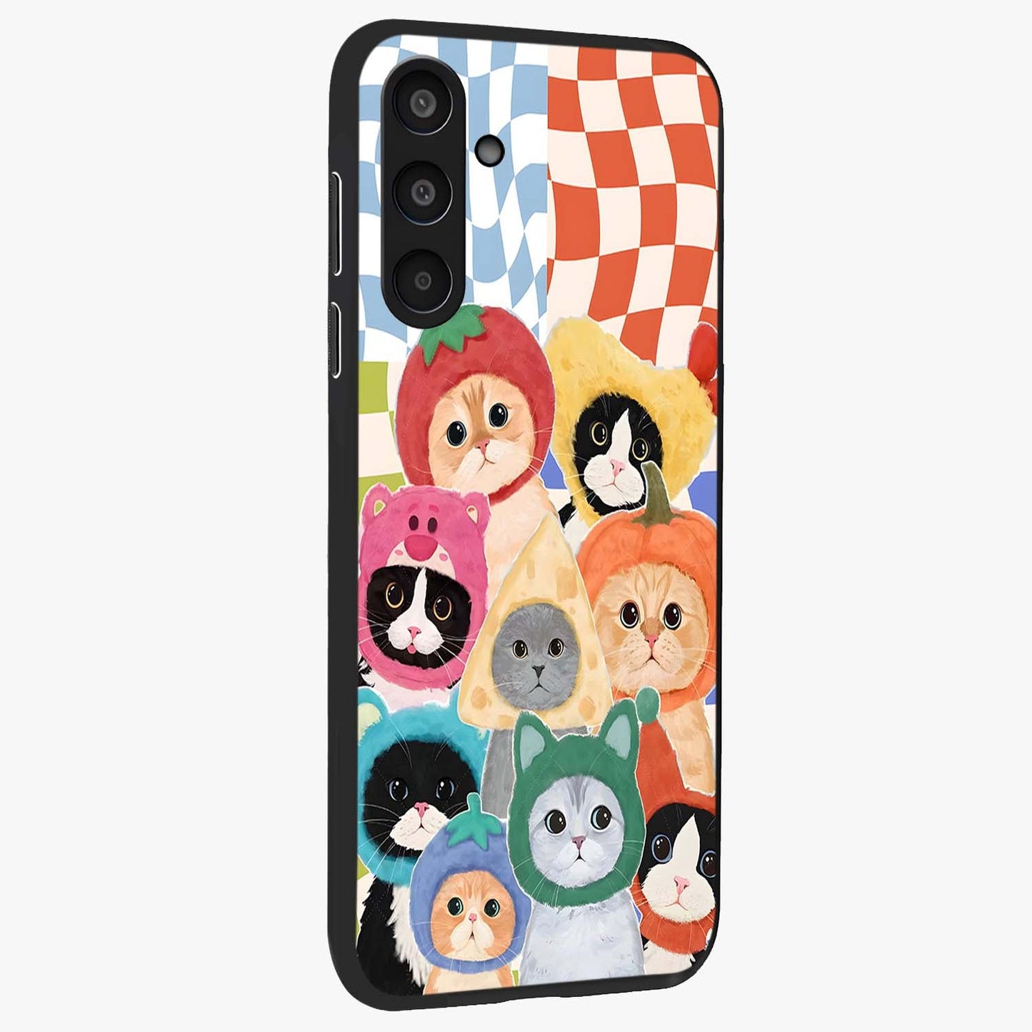 Cats in Fruits Glass Case upright view showcasing charming cat artwork with fun fruity theme.