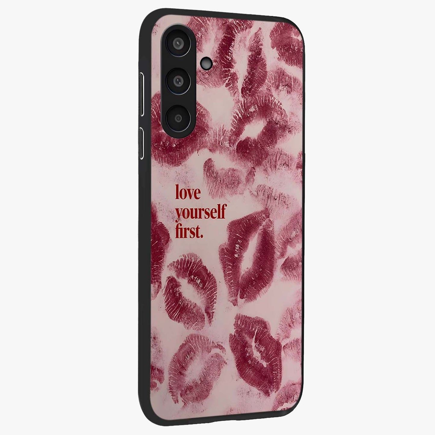 Crimson Kiss Love Glass Case upright view showcasing expressive romantic artwork with deep crimson theme.