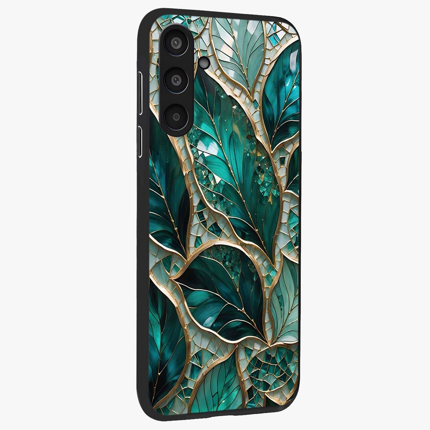 Emerald Leaf Glass Glass Case upright view showcasing fresh green leaf artwork with calming nature inspired style.