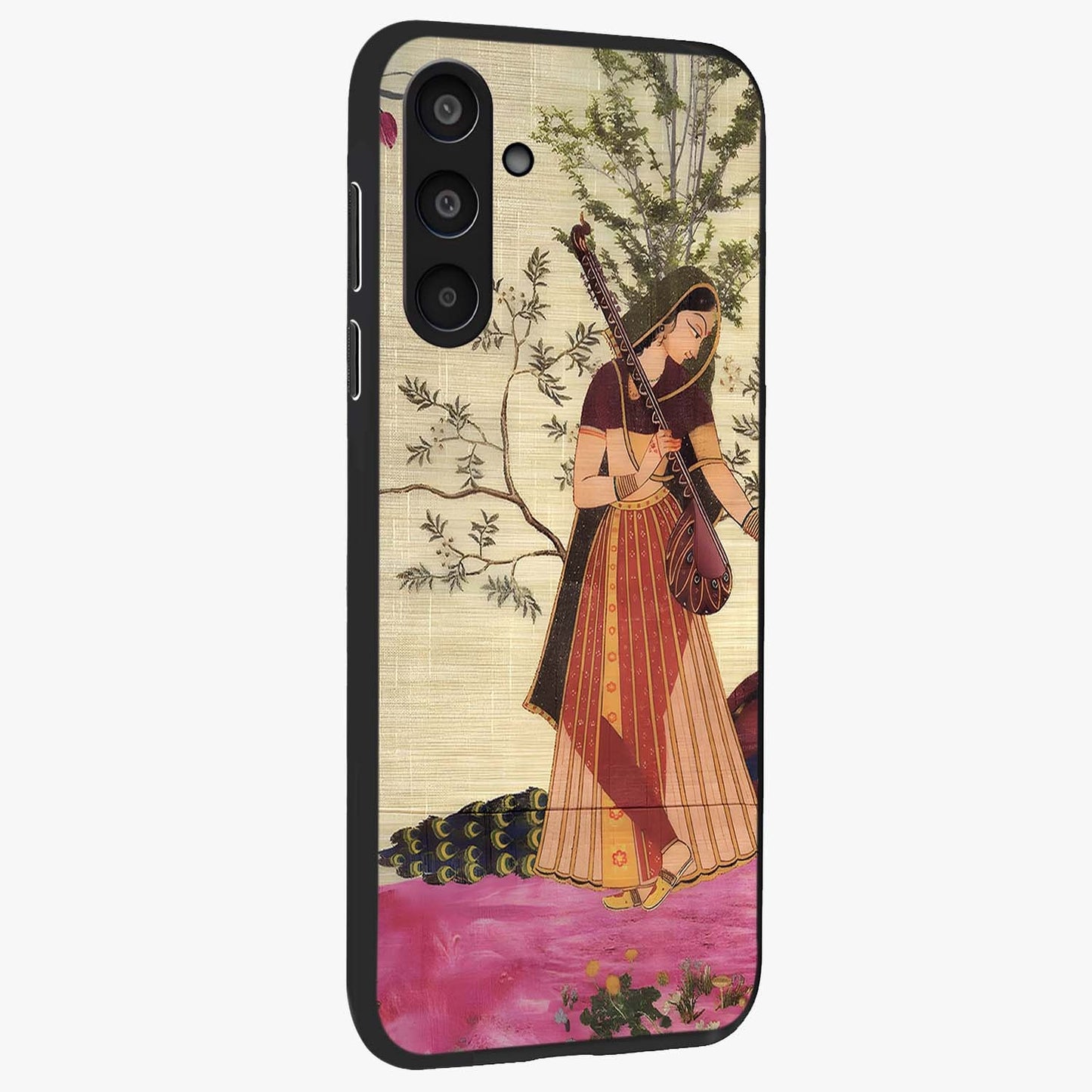 Lady With Veena Art Glass Case upright view showcasing classical veena artwork with traditional artistic theme.
