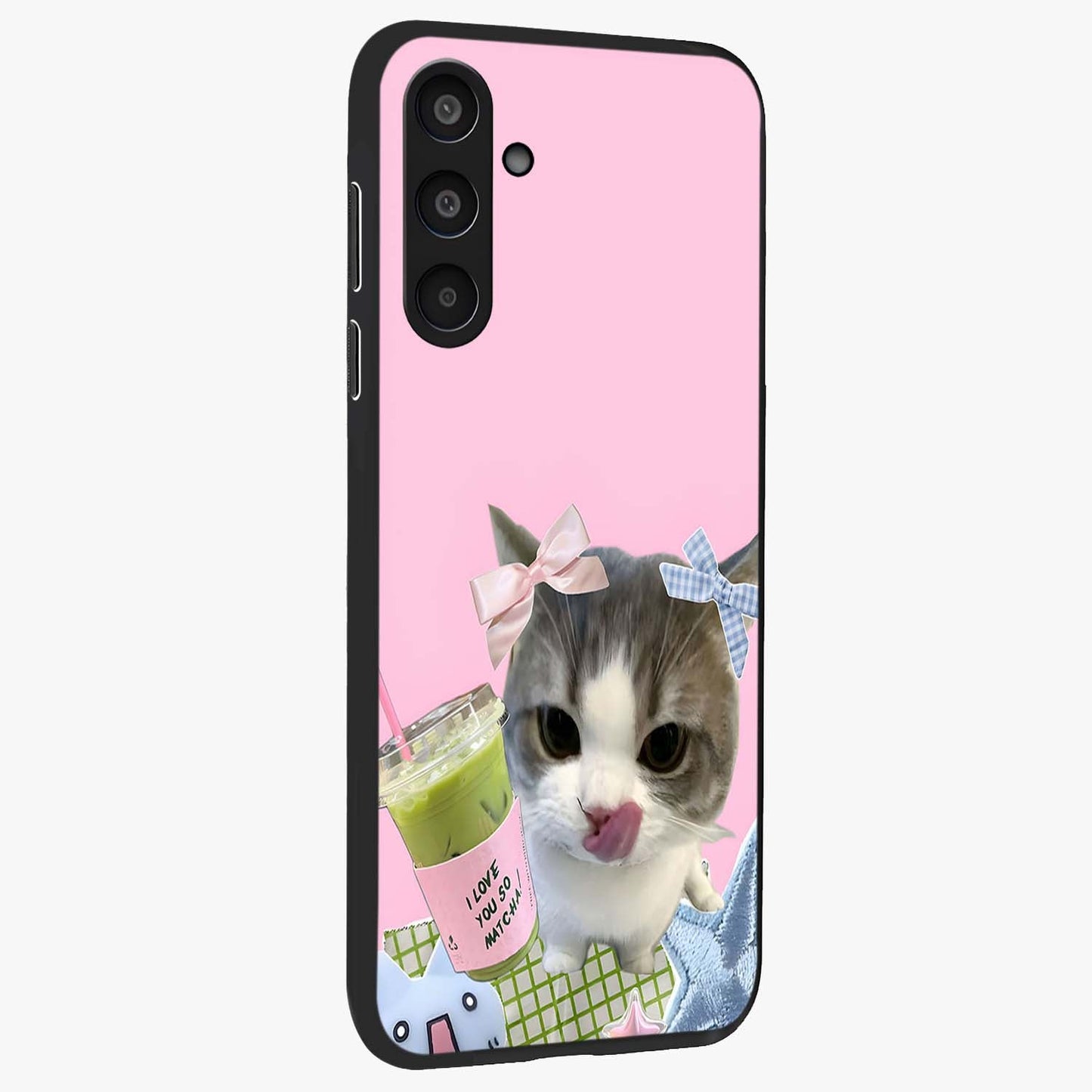 Love Matcha Cat Glass Case upright view showcasing adorable cat artwork with charming matcha themed design.
