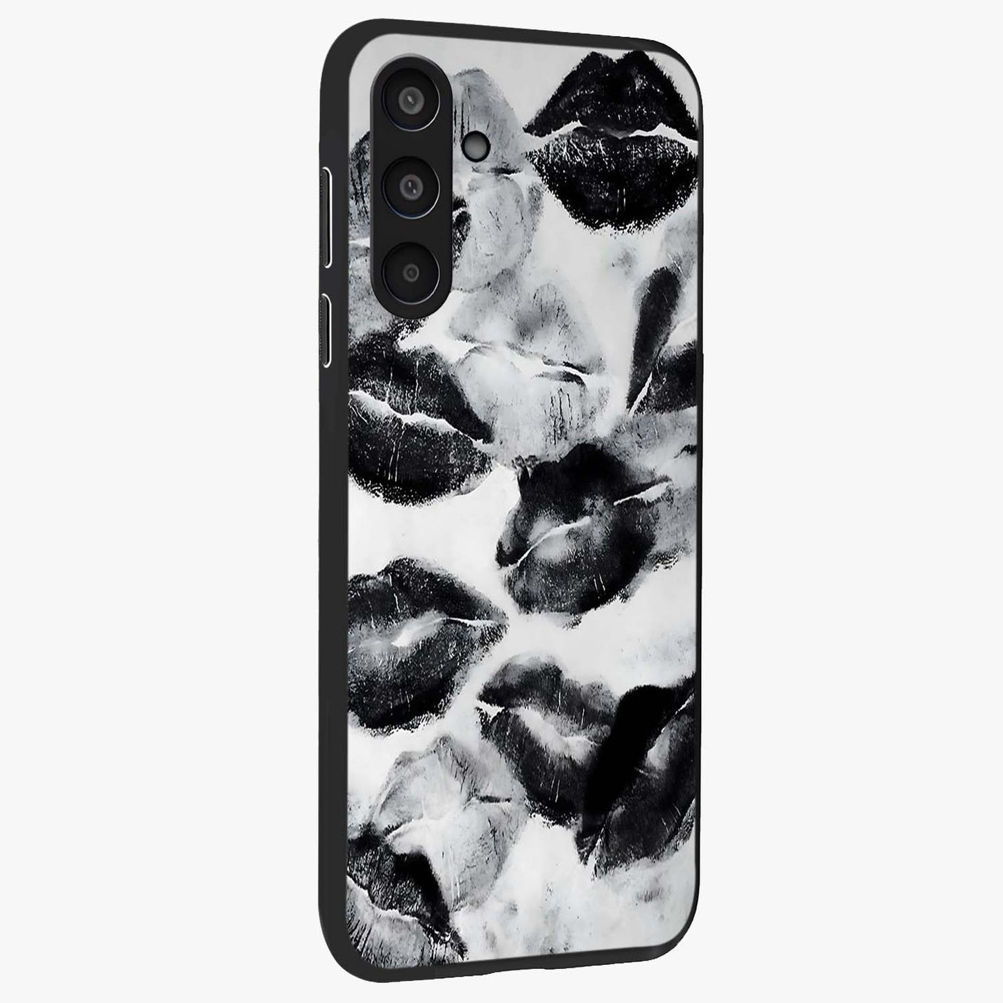 Midnight Kiss Marks Glass Case upright view showcasing stylish kiss mark artwork with trendy romantic theme.