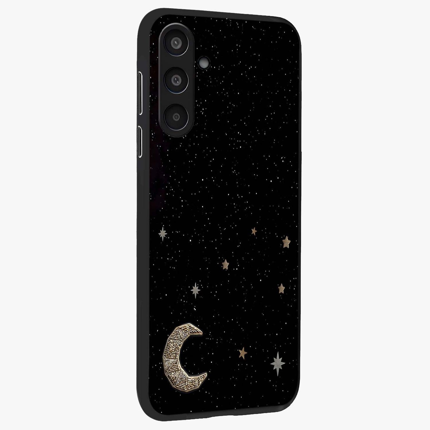 Twinkle Star With Half Moon Glass Case upright view showcasing glowing cosmic artwork with dreamy night theme.