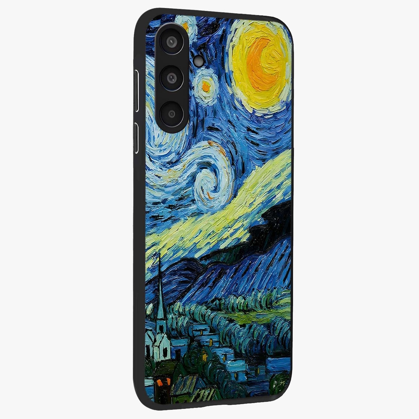 Van Gogh Art Glass Case upright view showcasing expressive painting style artwork with timeless artistic theme.