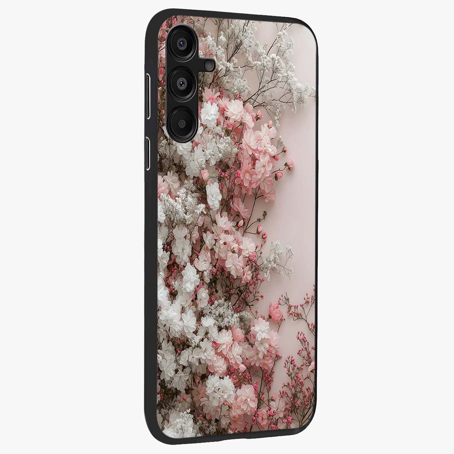 Blush Blossom Cloud Glass Case upright view showcasing calm floral cloud artwork with gentle dreamy theme.