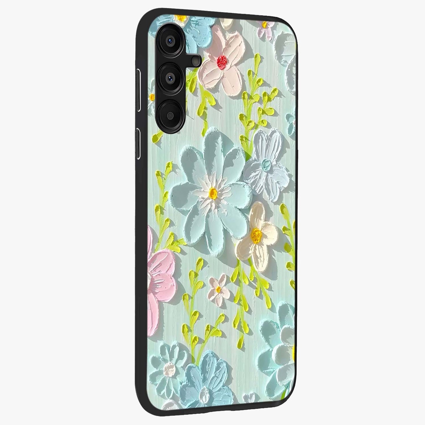 Frosted Petal Garden Glass Case upright view showcasing elegant floral garden artwork with soothing pastel theme.