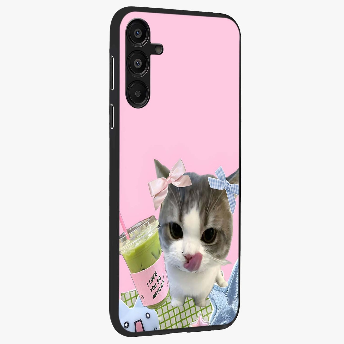 Love Matcha Cat Glass Case upright view showcasing adorable cat artwork with charming matcha themed design.