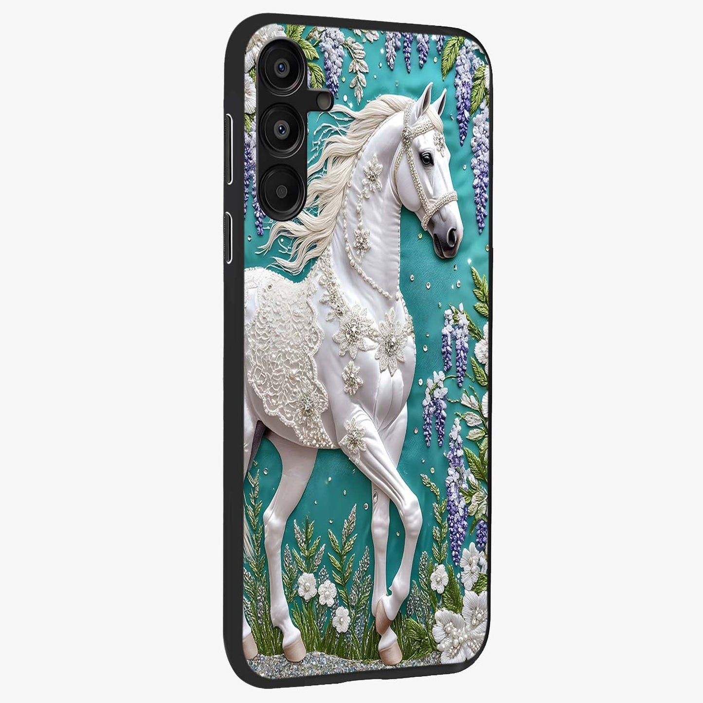 Majestic Floral Stallion Glass Case upright view showcasing dramatic horse artwork with decorative floral theme.