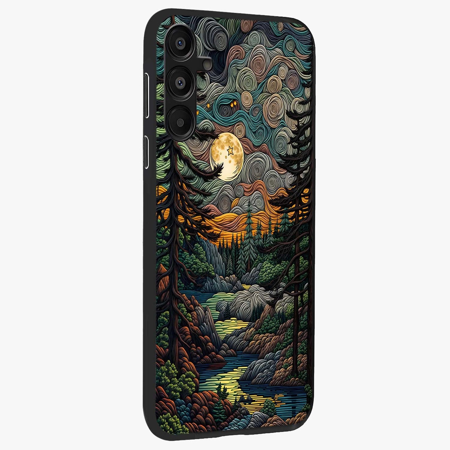 Moonlight Forest Dream Glass Case upright view showcasing magical forest artwork with calm night theme.