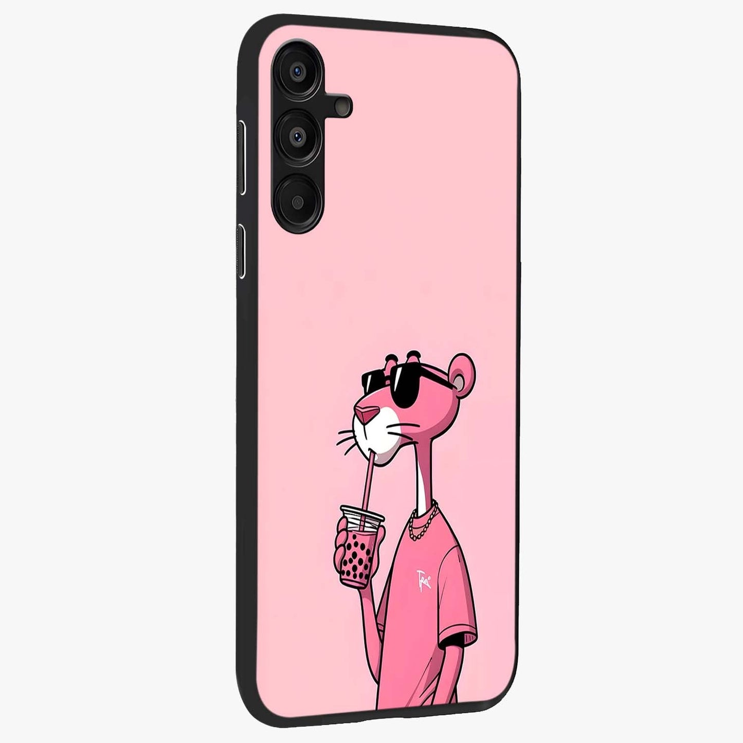Pink Panther Glass Case upright view showcasing fun animated artwork with stylish retro cartoon theme.
