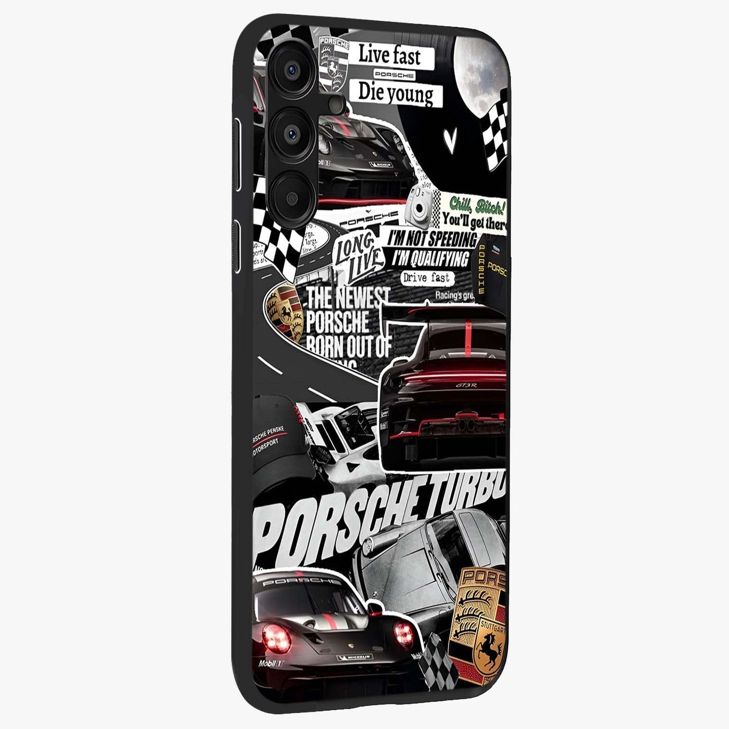 Porsche Racing Collage Glass Case upright view showcasing energetic car collage artwork with high speed racing theme.