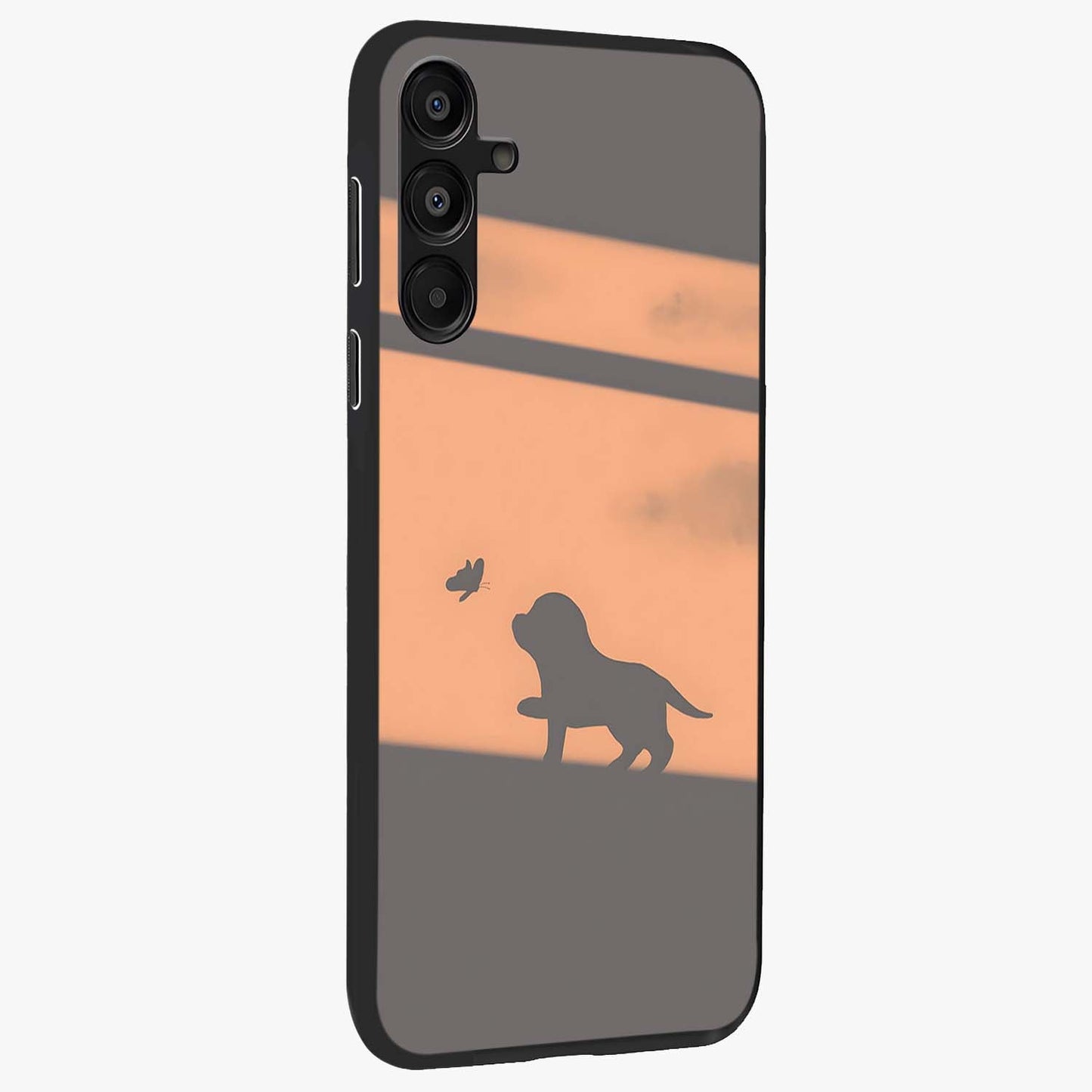 Puppy Shadow Art Glass Case upright view showcasing charming puppy artwork with creative silhouette theme.