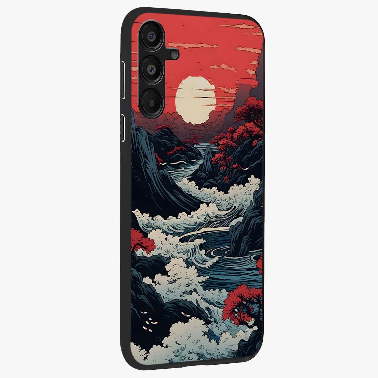 Red Sunset Scenery Glass Case upright view showcasing dramatic sunset scenery artwork with warm nature theme.
