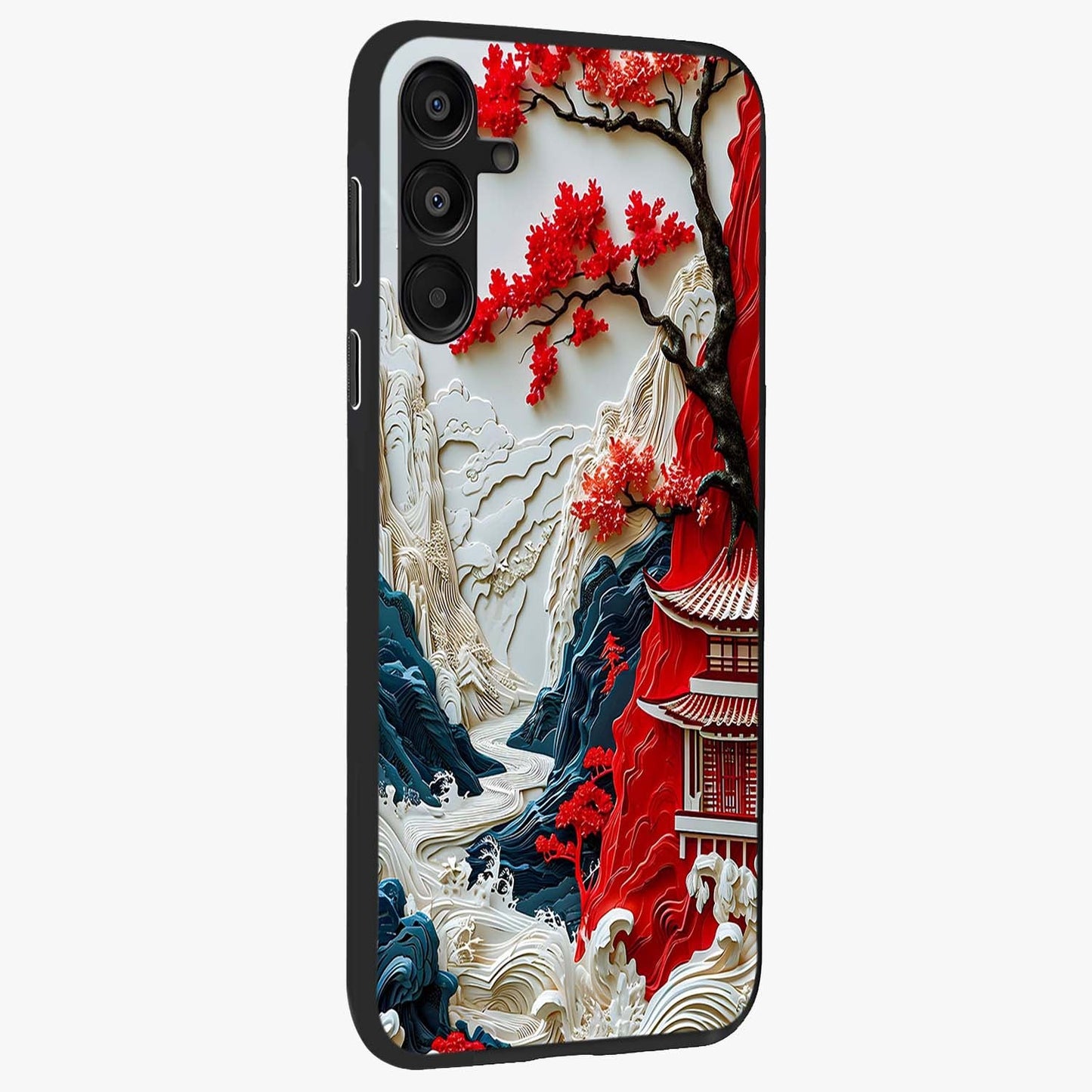 Whispers Of Sakura Waves Glass Case upright view showcasing delicate cherry blossom artwork with elegant nature theme.