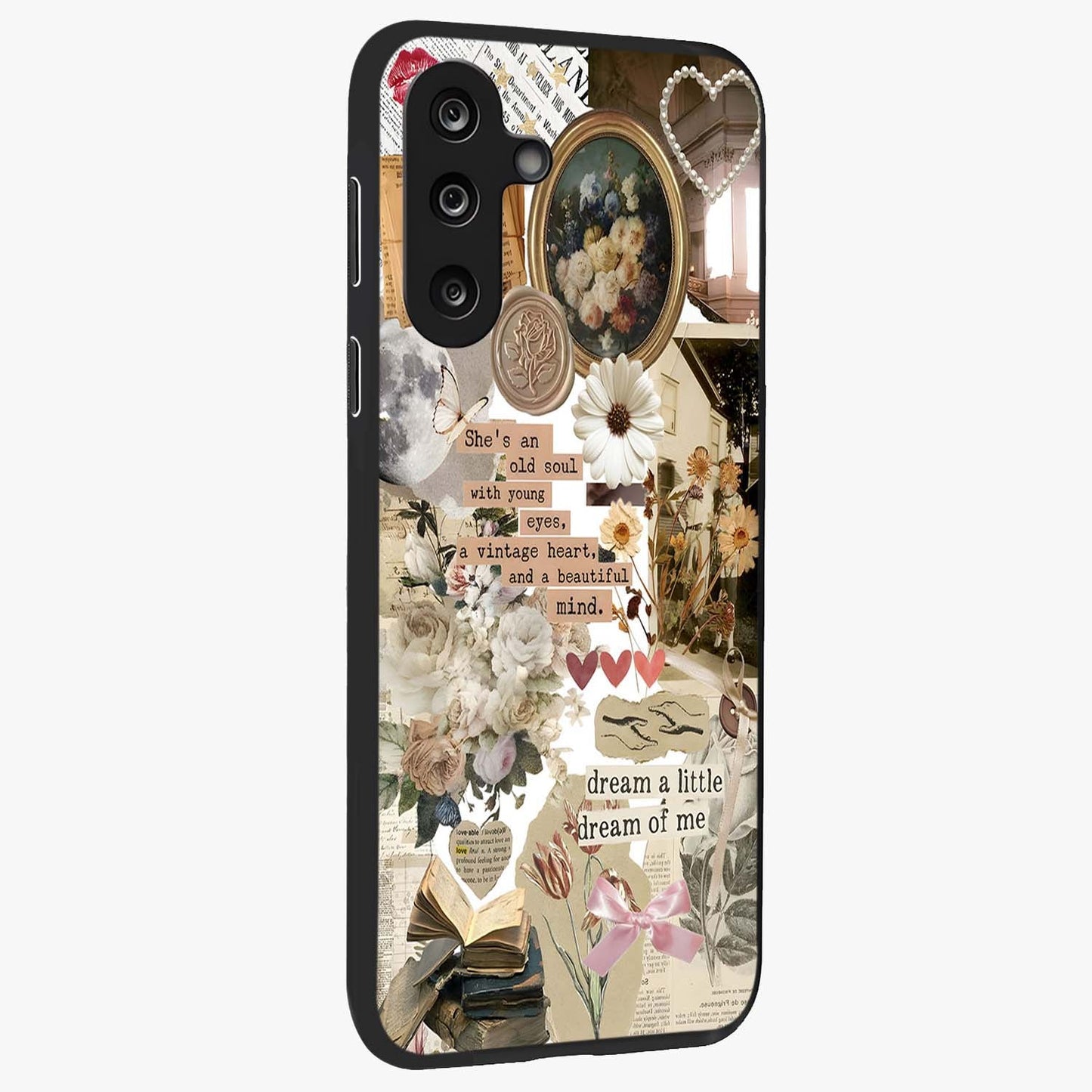 Aesthetic Brown Vintage Collage Glass Case upright view showcasing nostalgic retro artwork with stylish vintage theme.