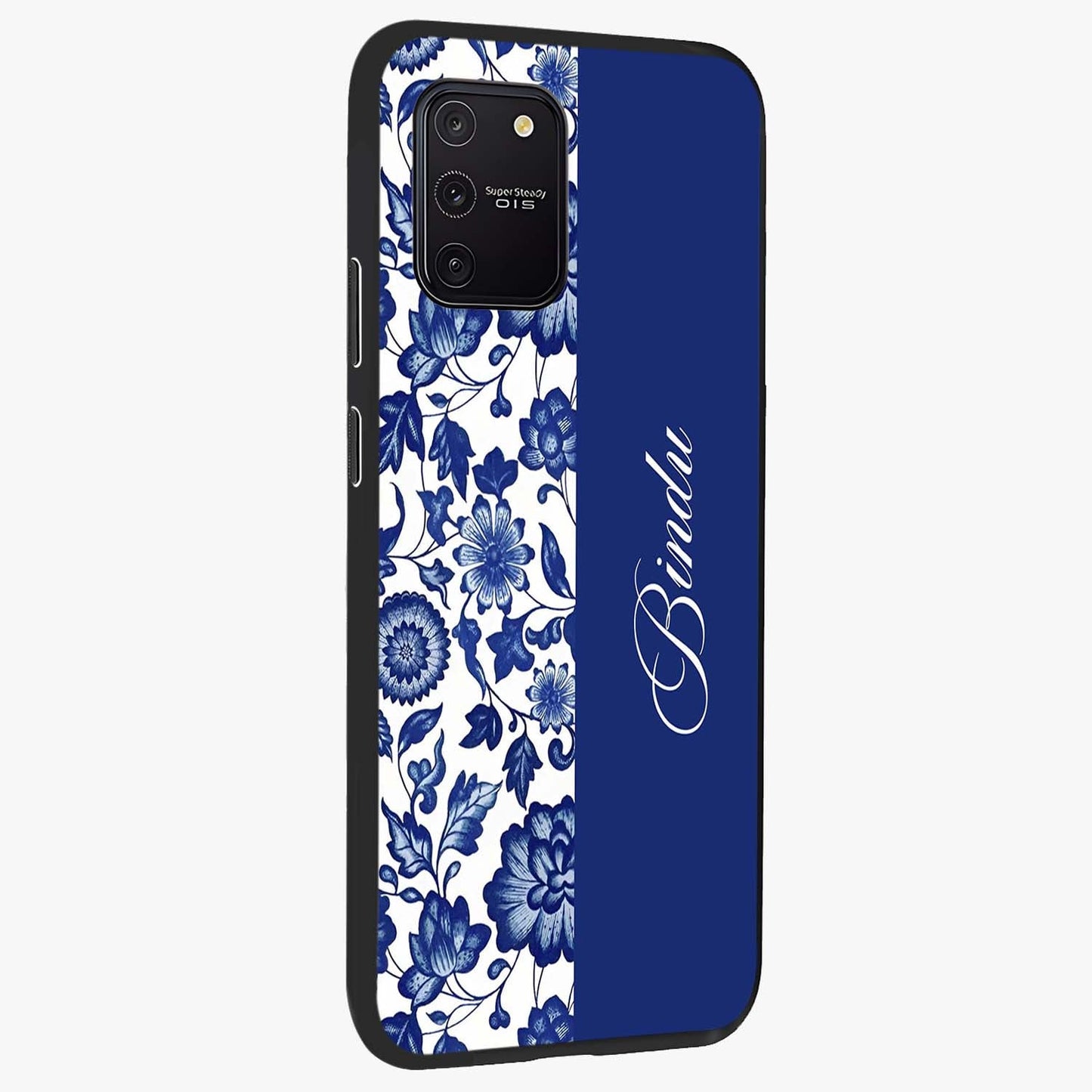 Blue Vintage Floral Pattern Glass Case upright view showcasing delicate blush floral texture with modern minimal style.