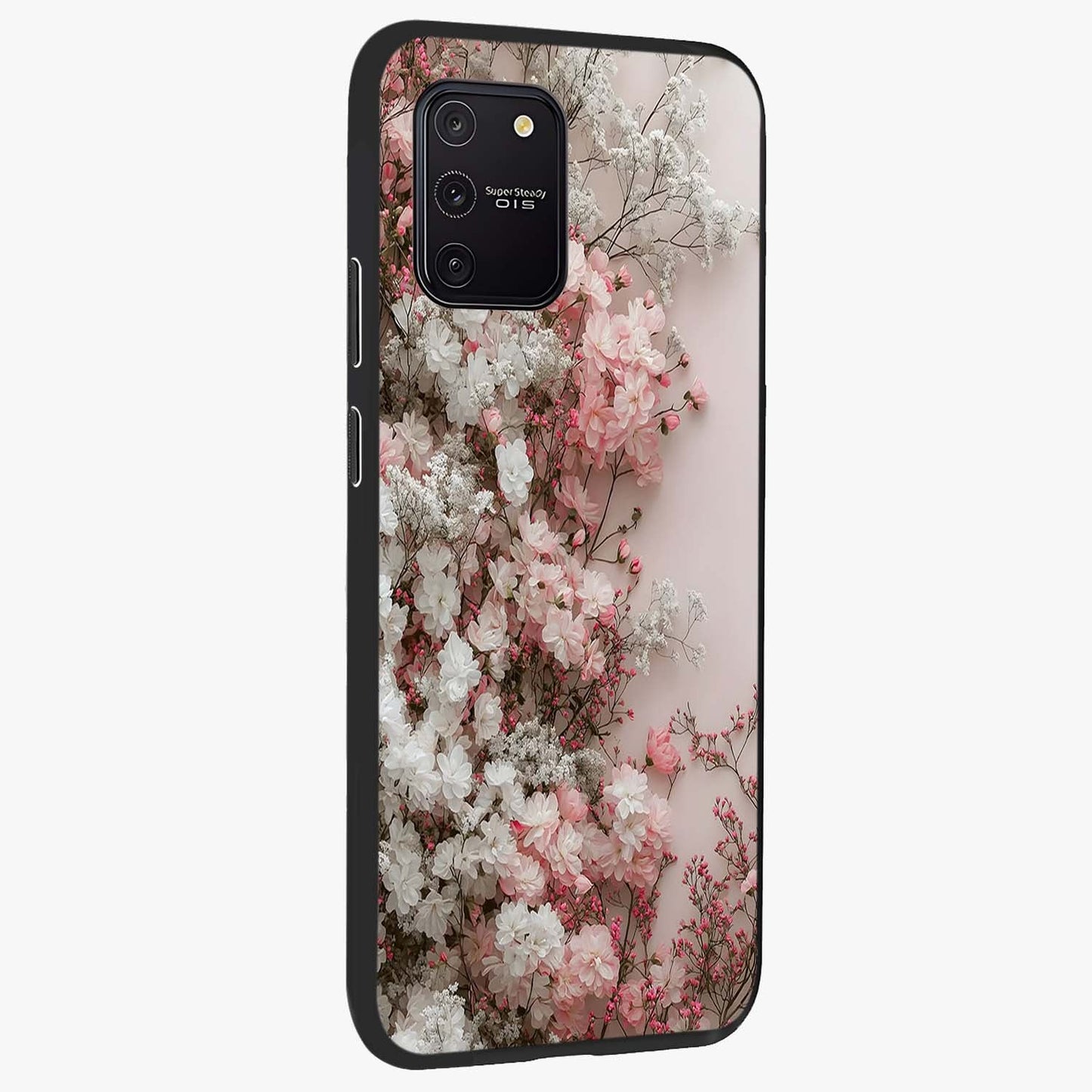 Blush Blossom Cloud Glass Case upright view showcasing calm floral cloud artwork with gentle dreamy theme.