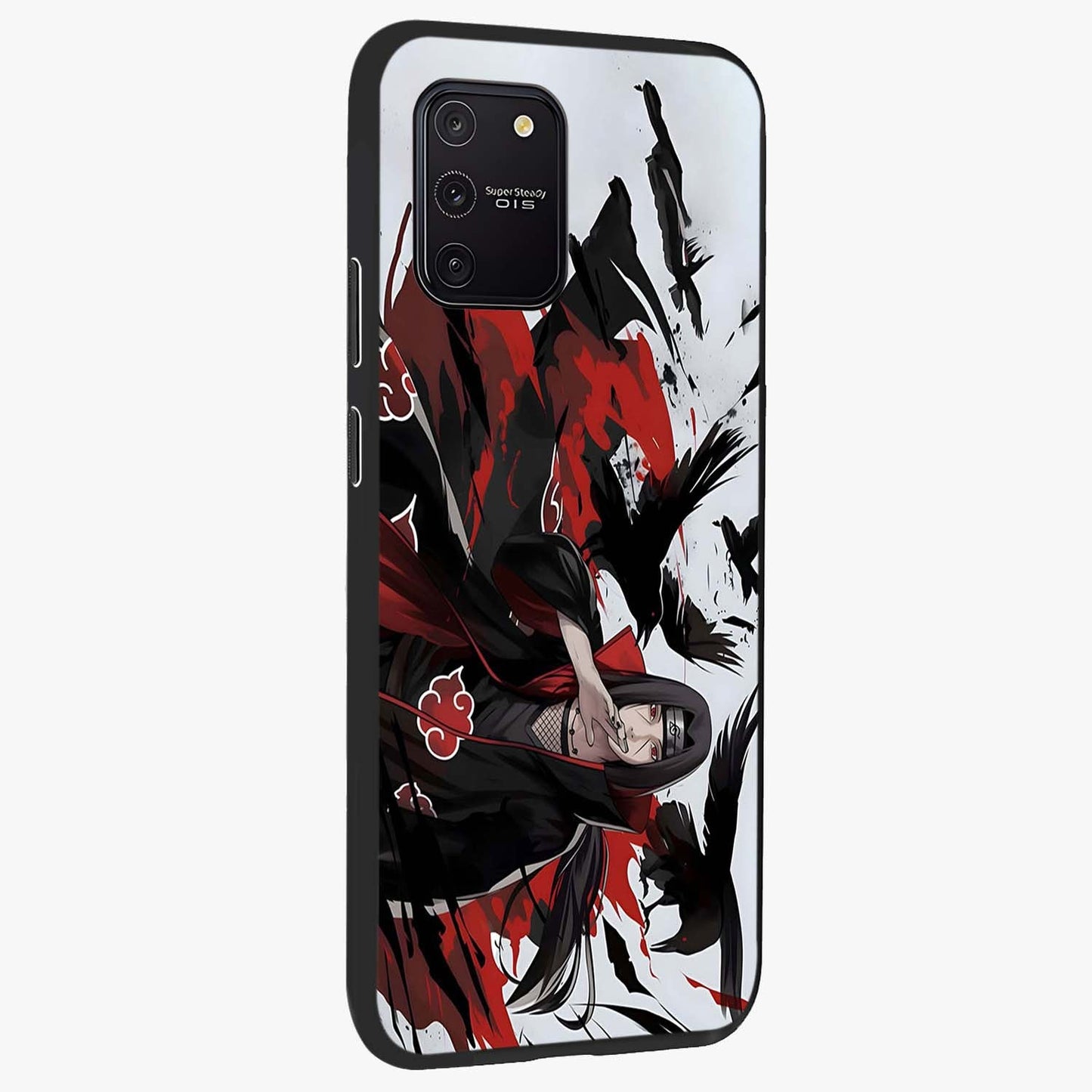 Crimson Crow Illusion Glass Case upright view showcasing striking crow illusion artwork with intense crimson theme.