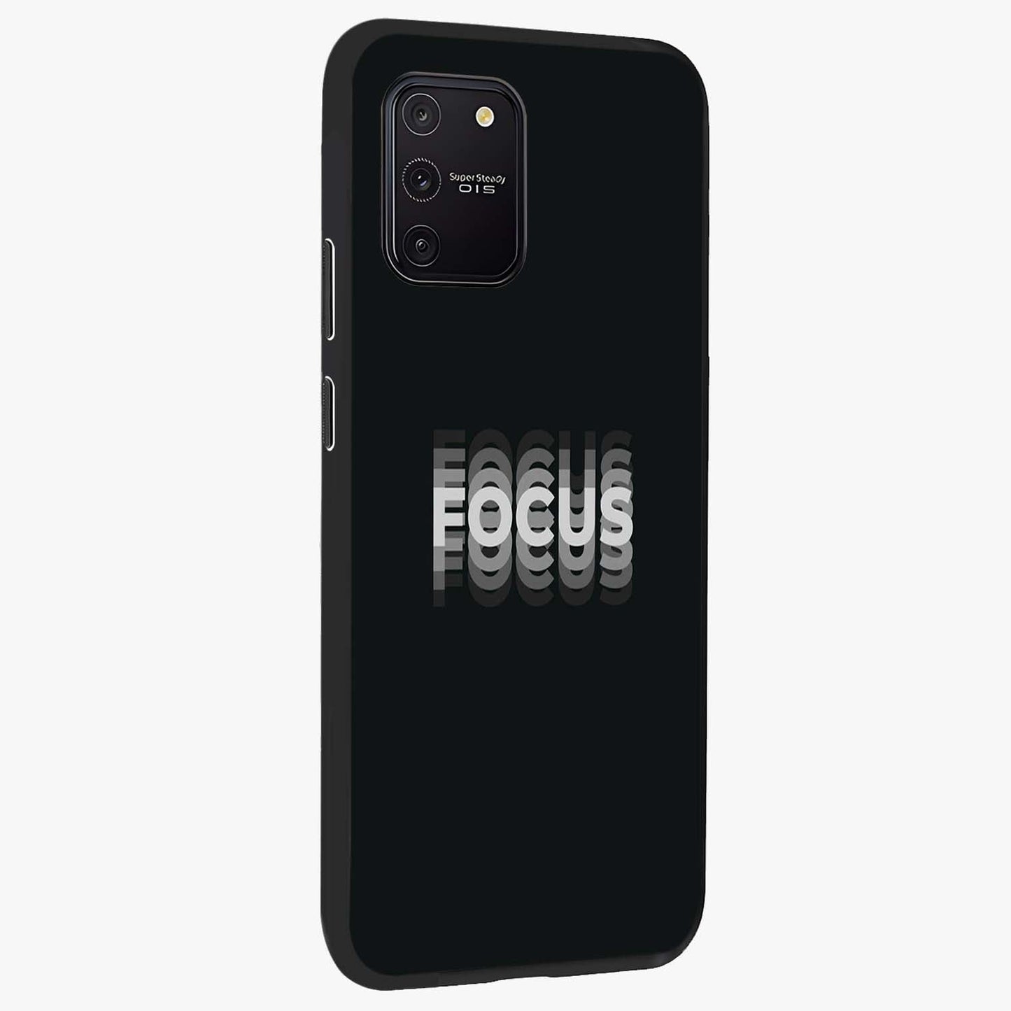 Focus Mode On Glass Case upright view showcasing strong typography statement with sleek motivational theme.