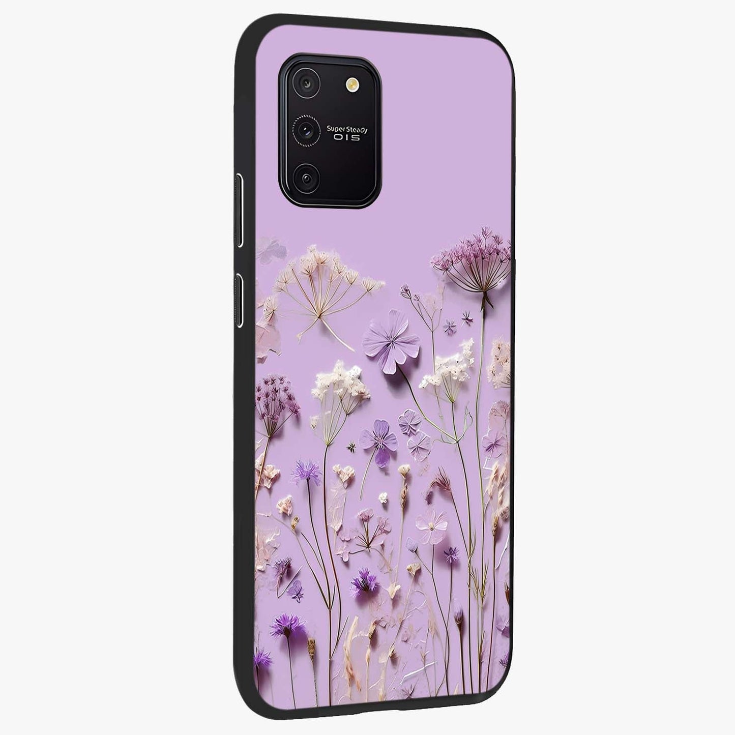 Lavender Blossom Dream Glass Case upright view showcasing delicate lavender blossom artwork with peaceful floral theme.